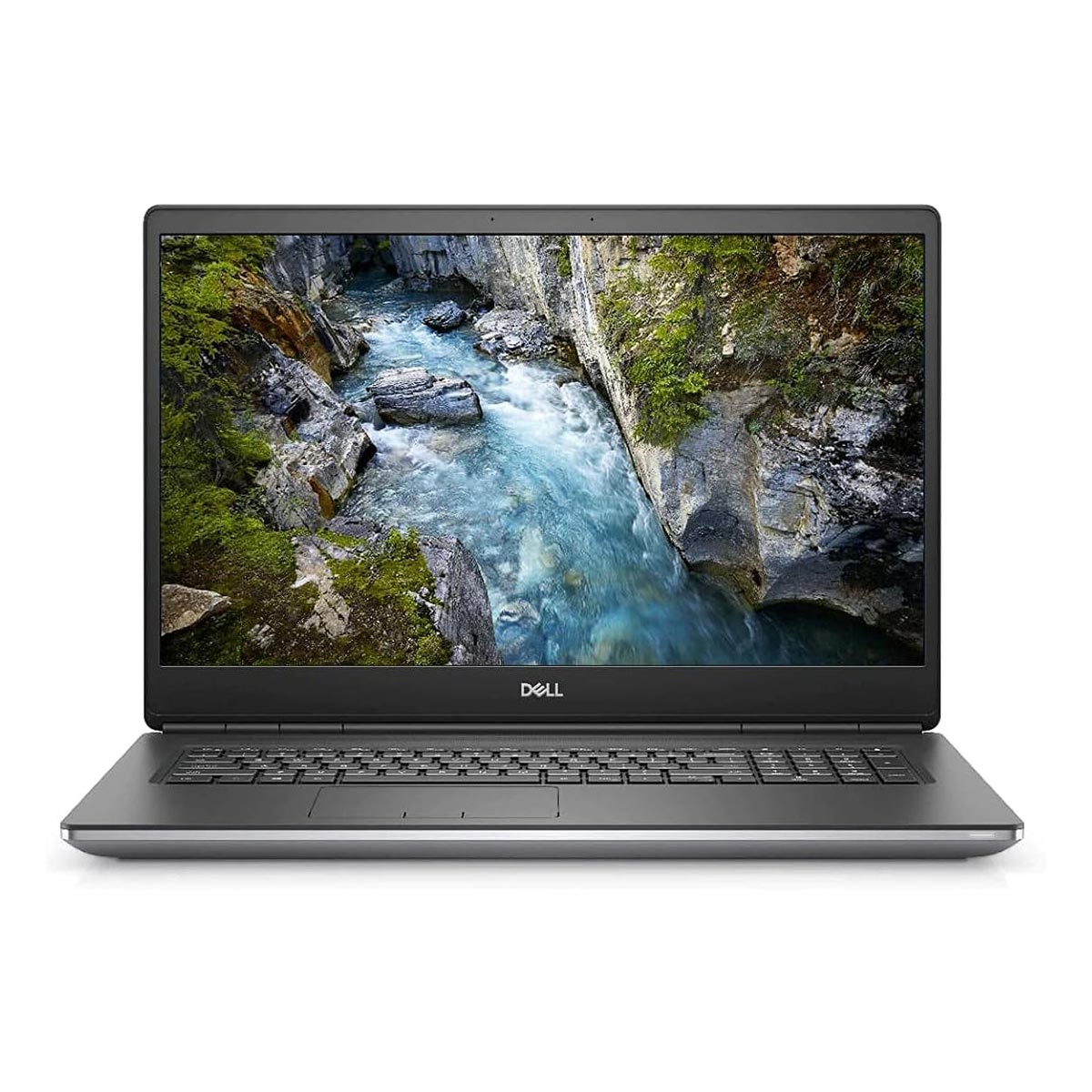 Laptop Dell wyświetla malowniczy obraz rzeki płynącej przez skalisty kanion.