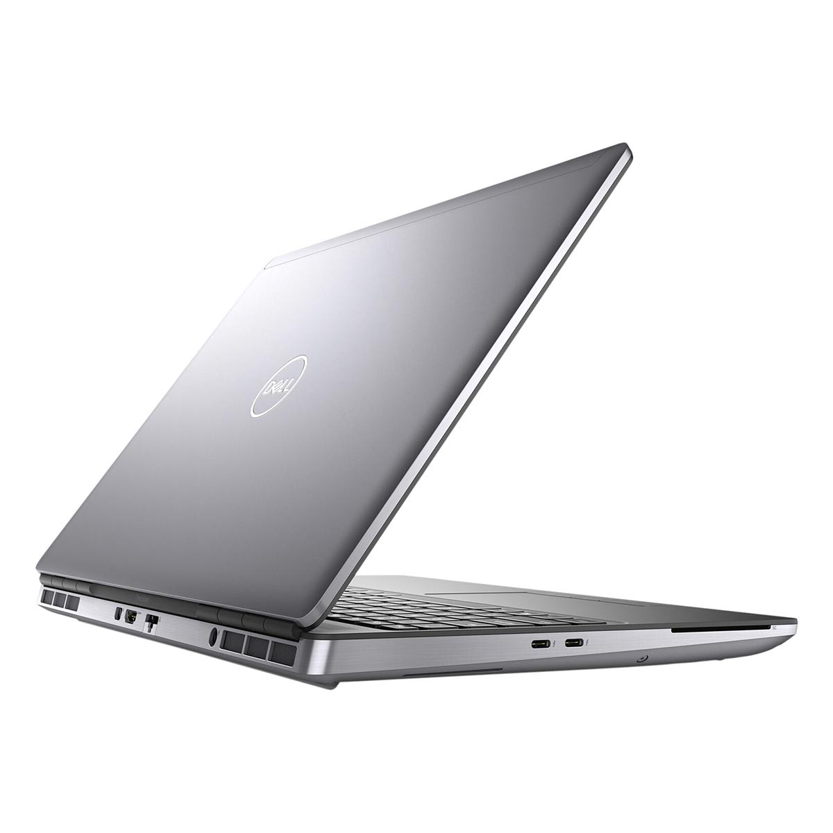 Srebrny laptop Dell z otwartą pokrywą, na białym tle.