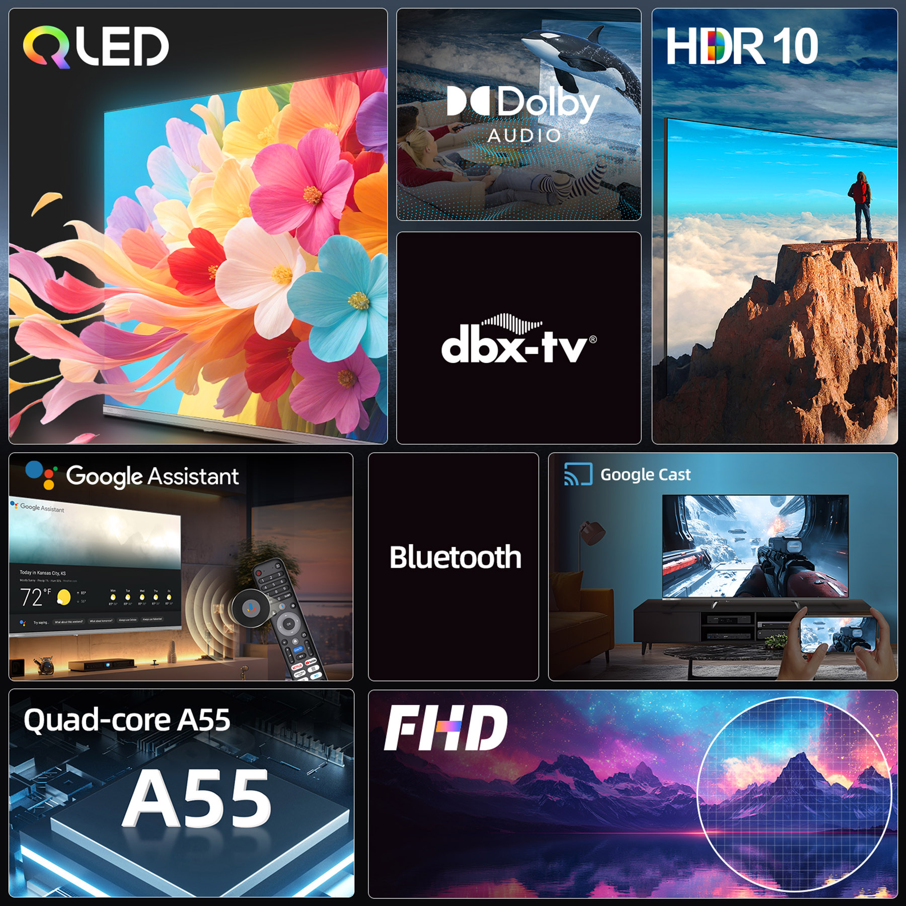 Kolaż funkcji TV: QLED, Dolby Audio, HDR 10, Asystent Google, Bluetooth, Google Cast, Quad-Core A55, FHD.