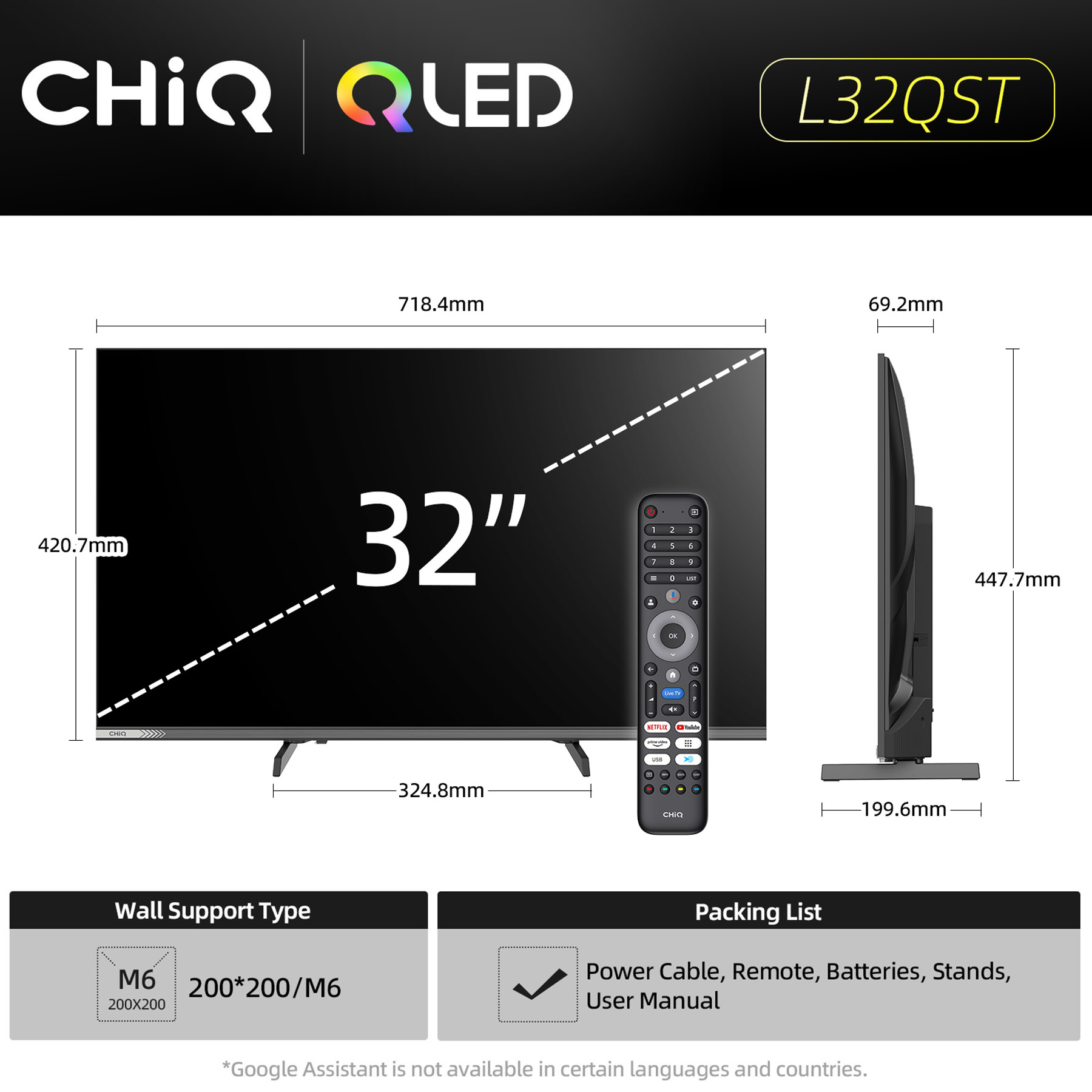 Telewizor CHIQ QLED 32 cale z pilotem i wymiarami.