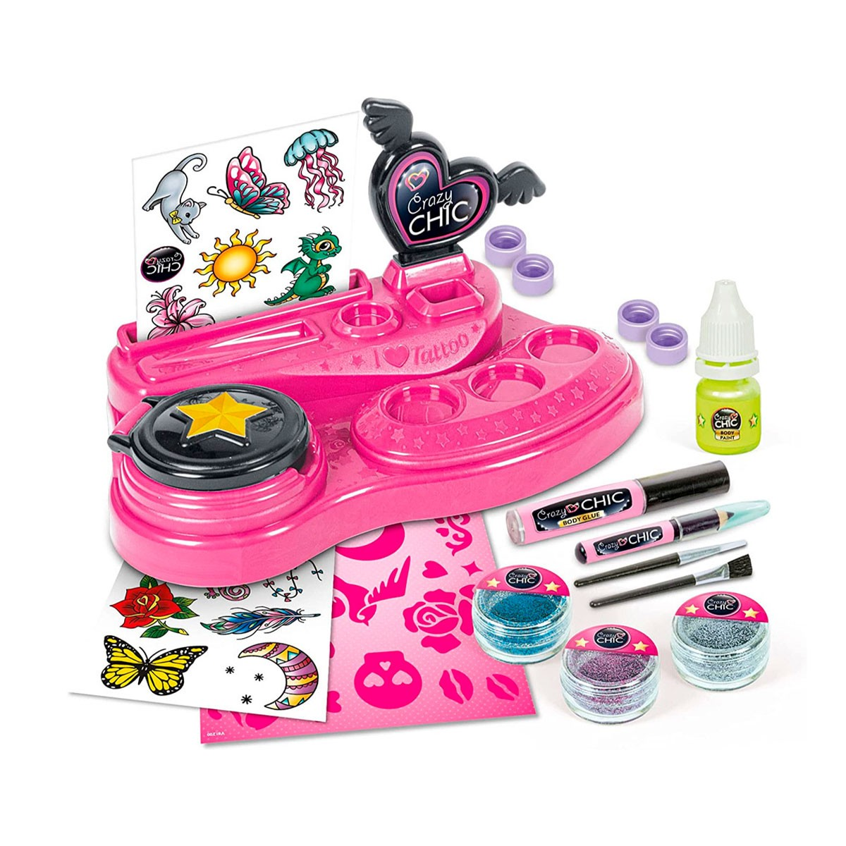 Un kit di tatuaggi rosa con glitter, stencil, colla e pennelli.