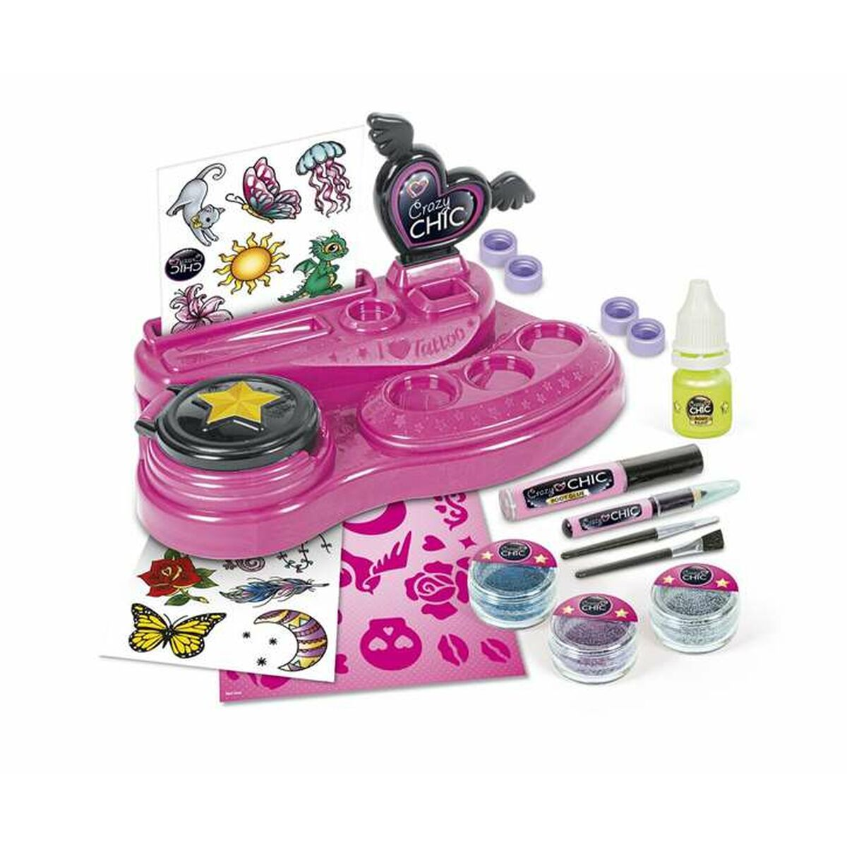 Un set di tatuaggi rosa con glitter, stencil, colla e applicatori.