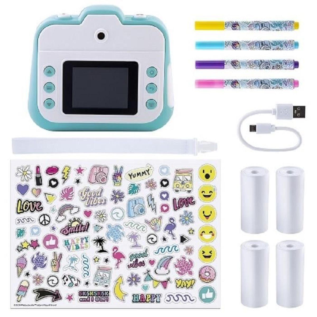 Un set di fotocamera istantanea per bambini con fotocamera, adesivi, penne, cavo e rotoli.
