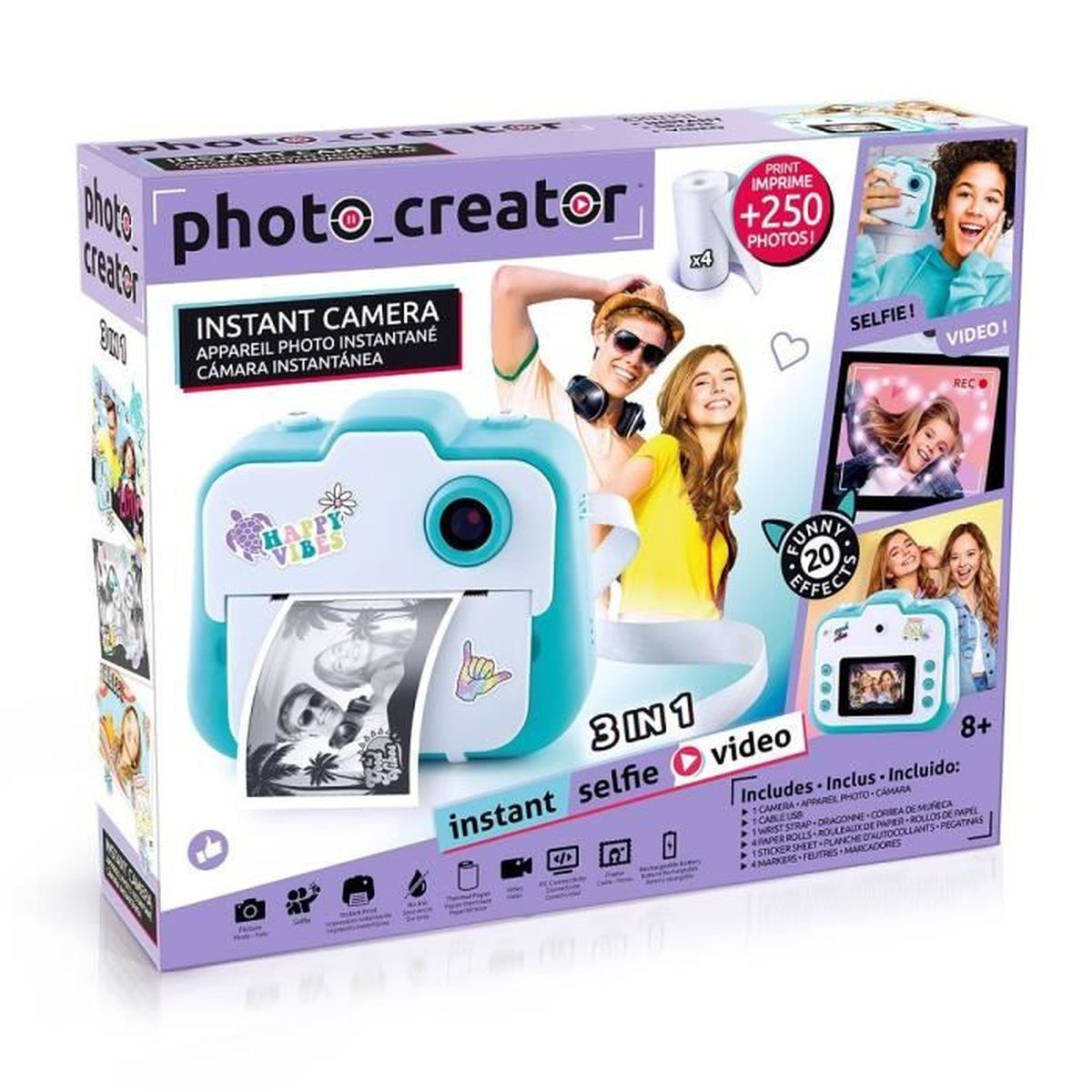 Scatola di una fotocamera istantanea blu, con stampe di bambini che si divertono.