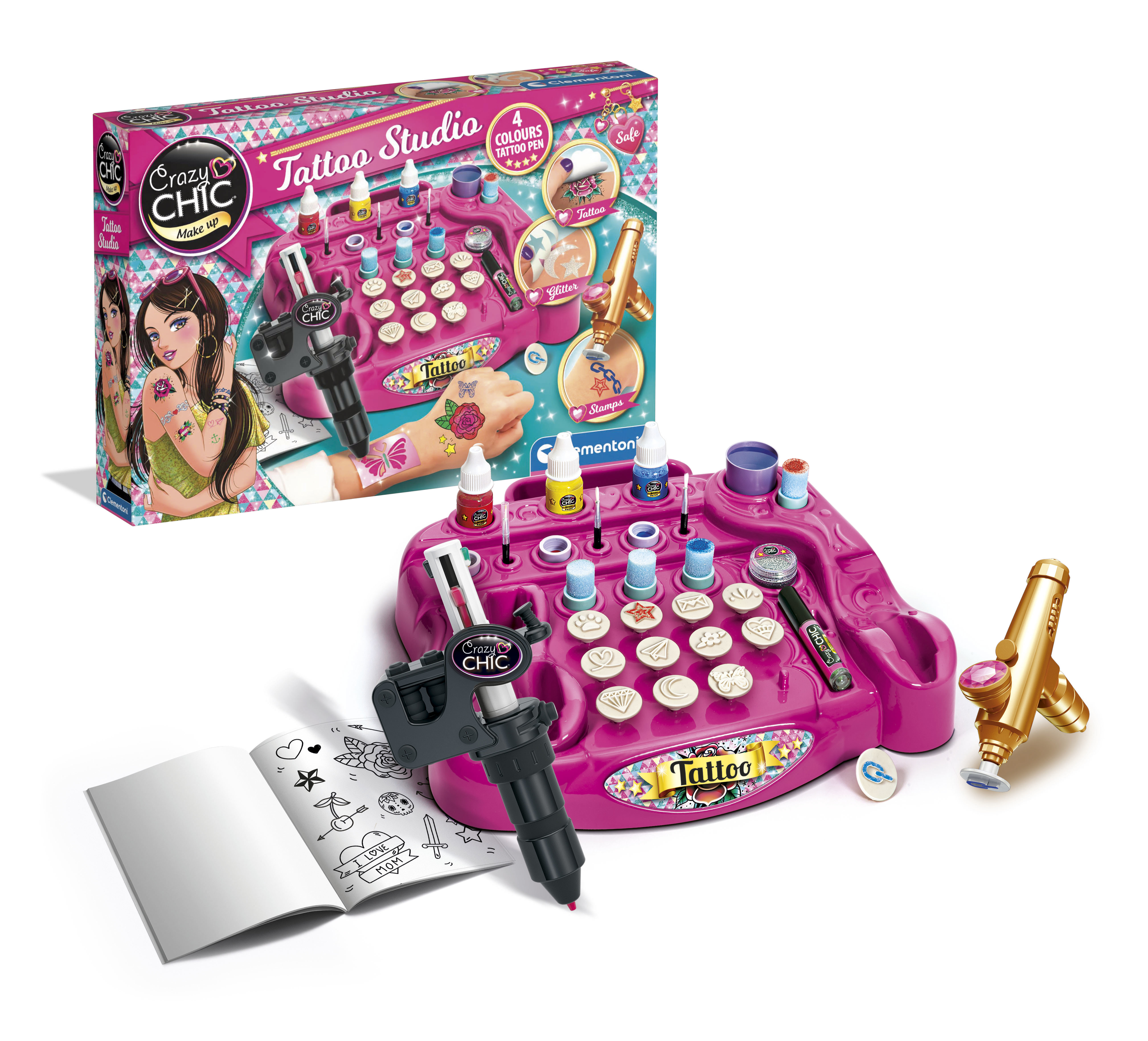 Un set da studio per tatuaggi rosa con timbri, penne, glitter e un libretto.