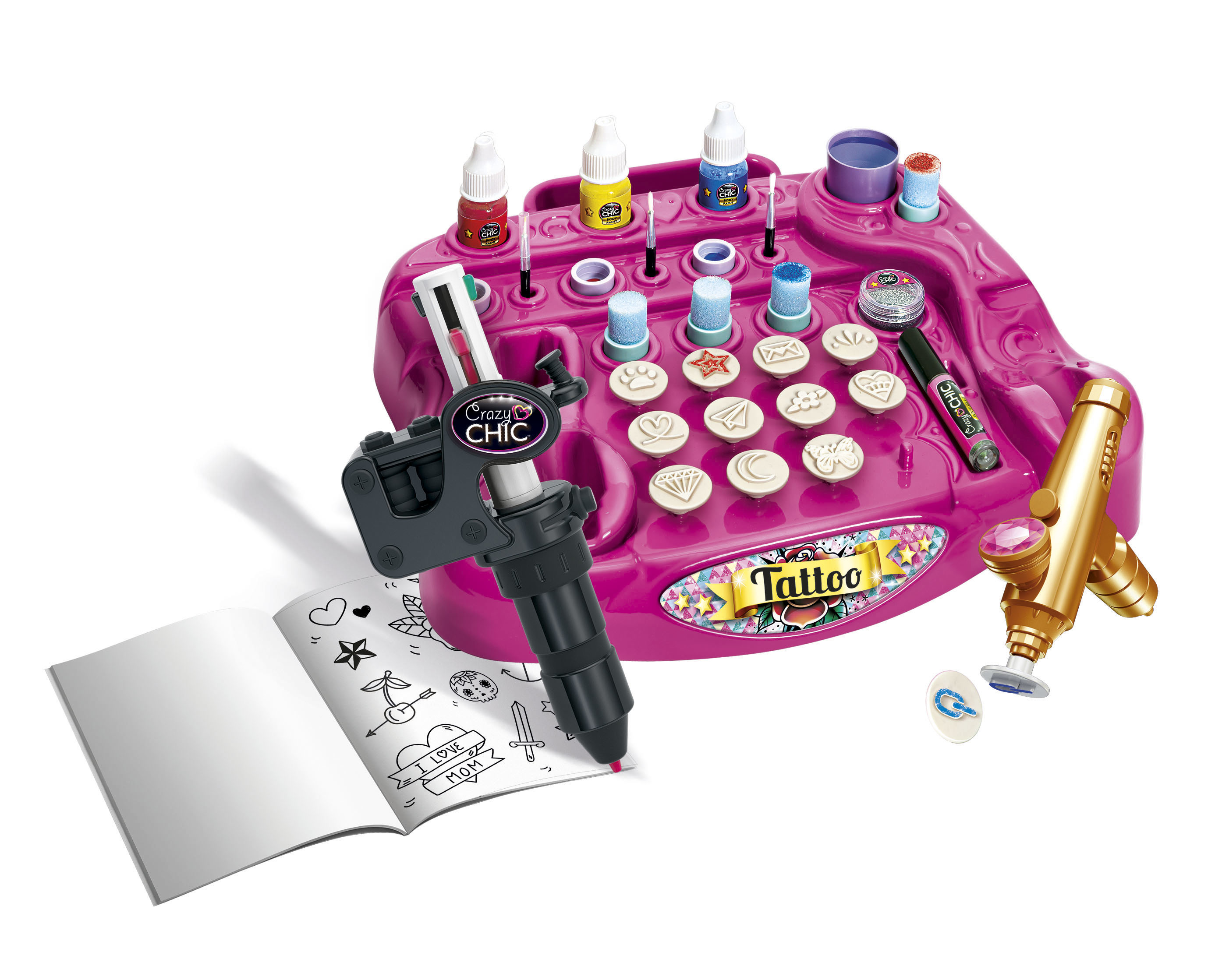 Un set per tatuaggi rosa con timbri, glitter, un applicatore dorato e un libretto con disegni.