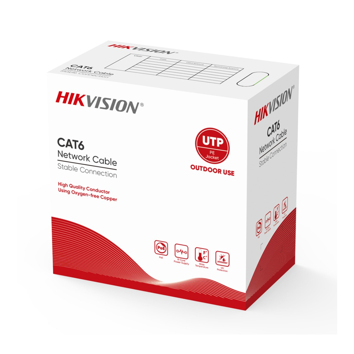 Scatola cavo di rete Hikvision CAT6, UTP, guaina PE, uso esterno.