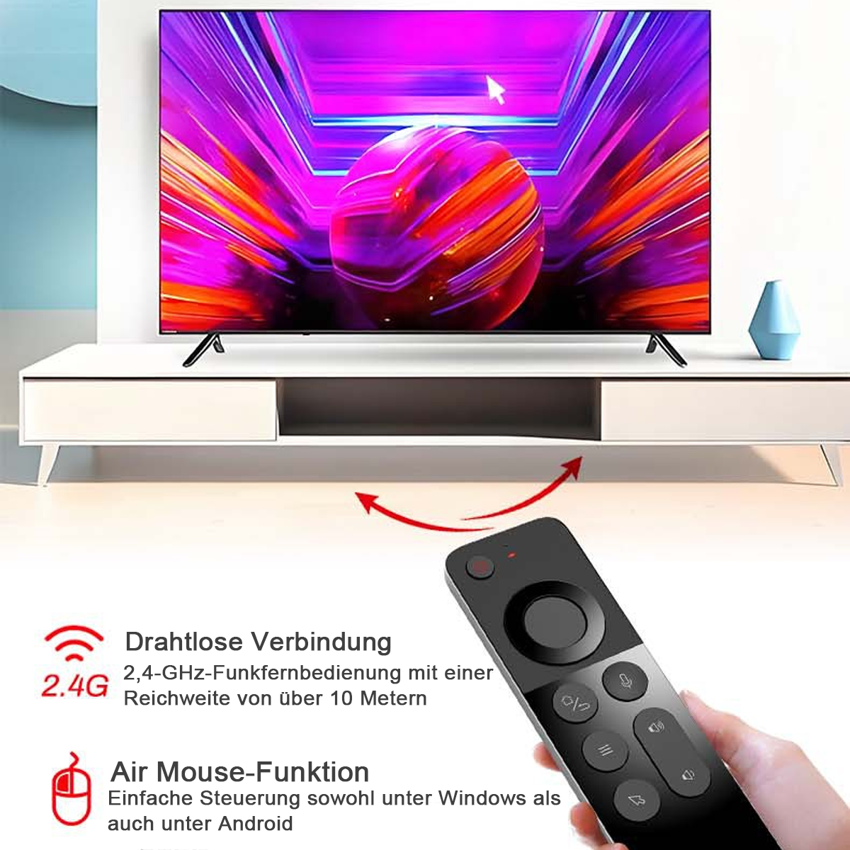 Moderner Fernseher mit bunten Bildschirminhalt und Fernbedienung.