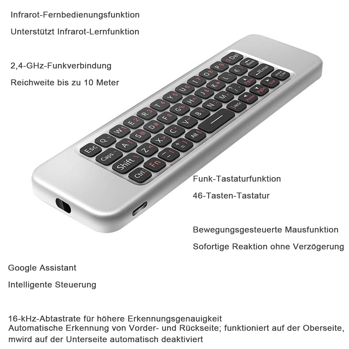 Silberne Fernbedienung mit Tastatur und Mausfunktion. Bietet Infrarot und 2,4 GHz.