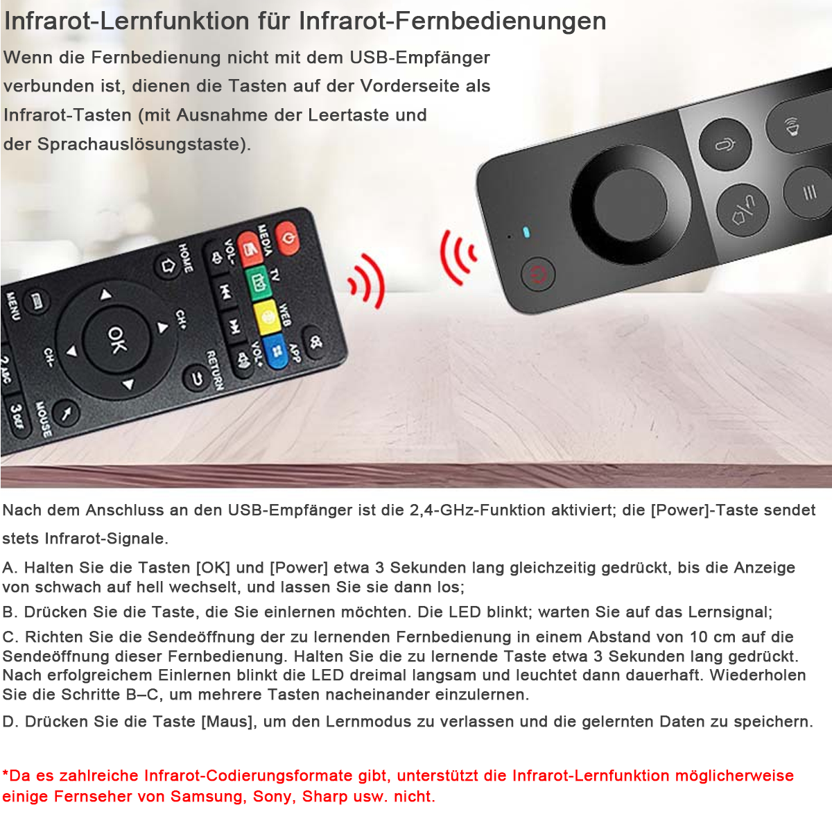 Eine schwarze Fernbedienung mit vielen Tasten und roten Wellen, die Signale darstellen.