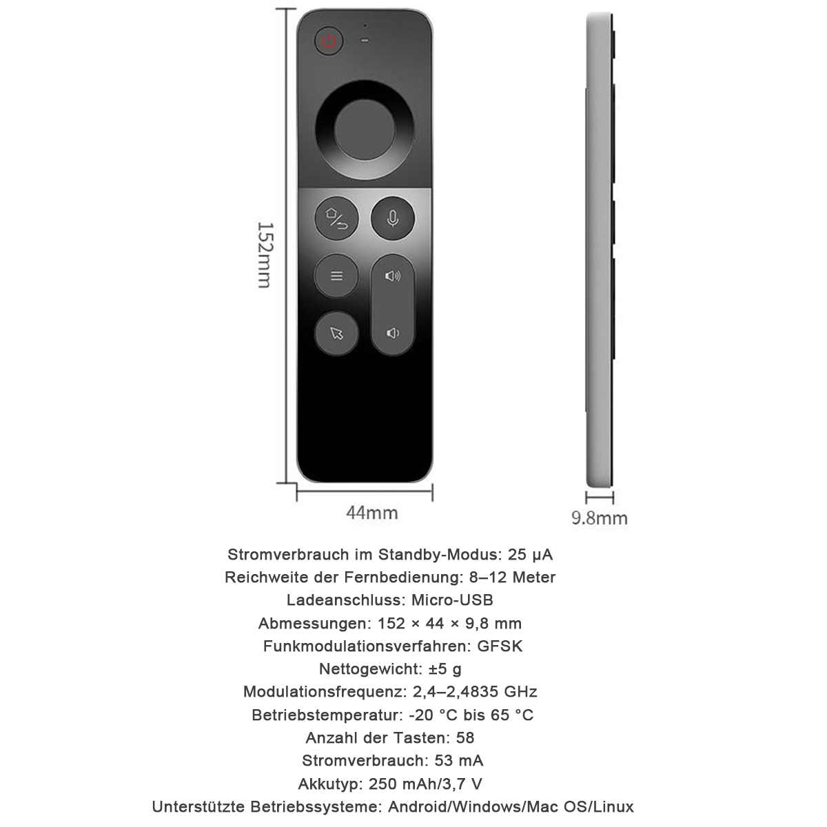 Ein schwarzer Fernbedienung mit Tasten und Maßen von 152x44x9.8mm.