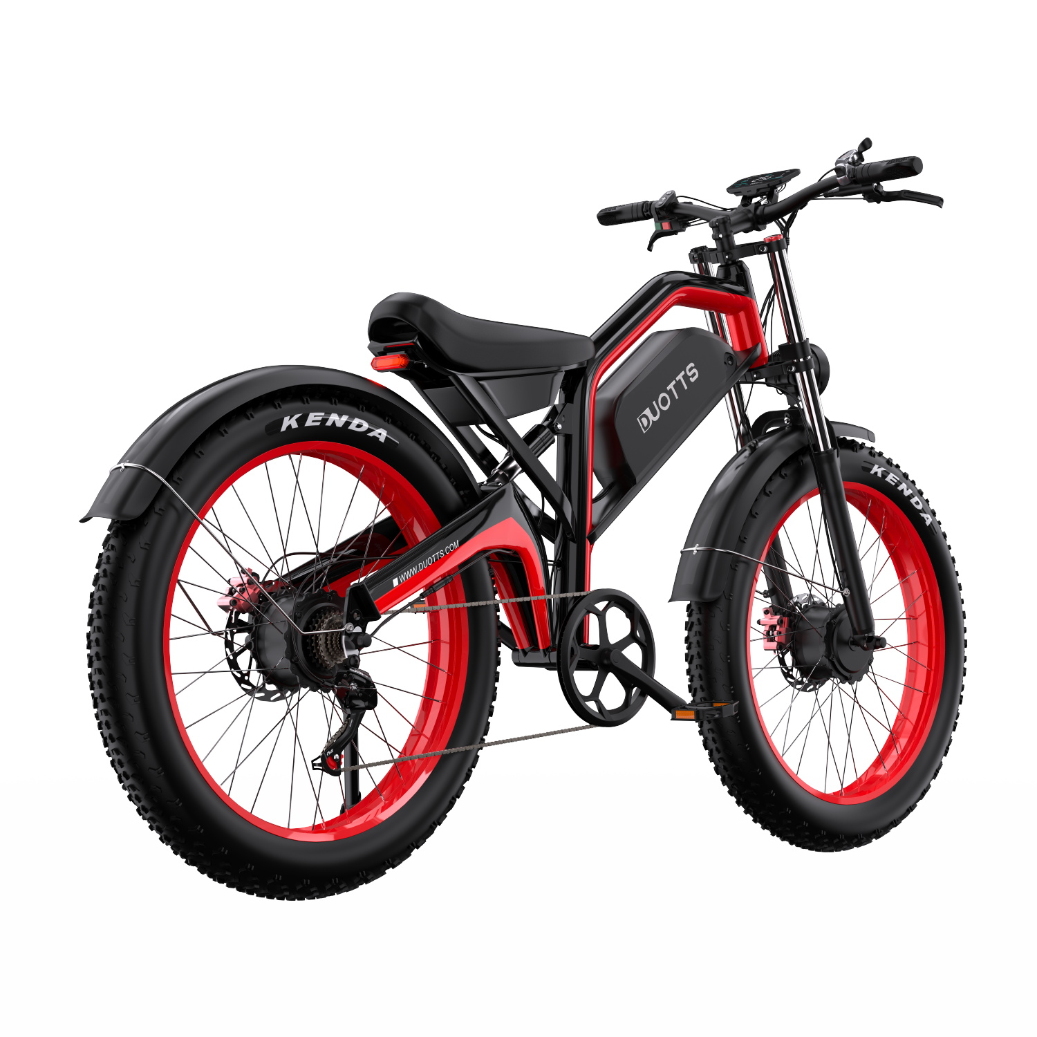 Czarny i czerwony rower elektryczny fatbike na białym tle.