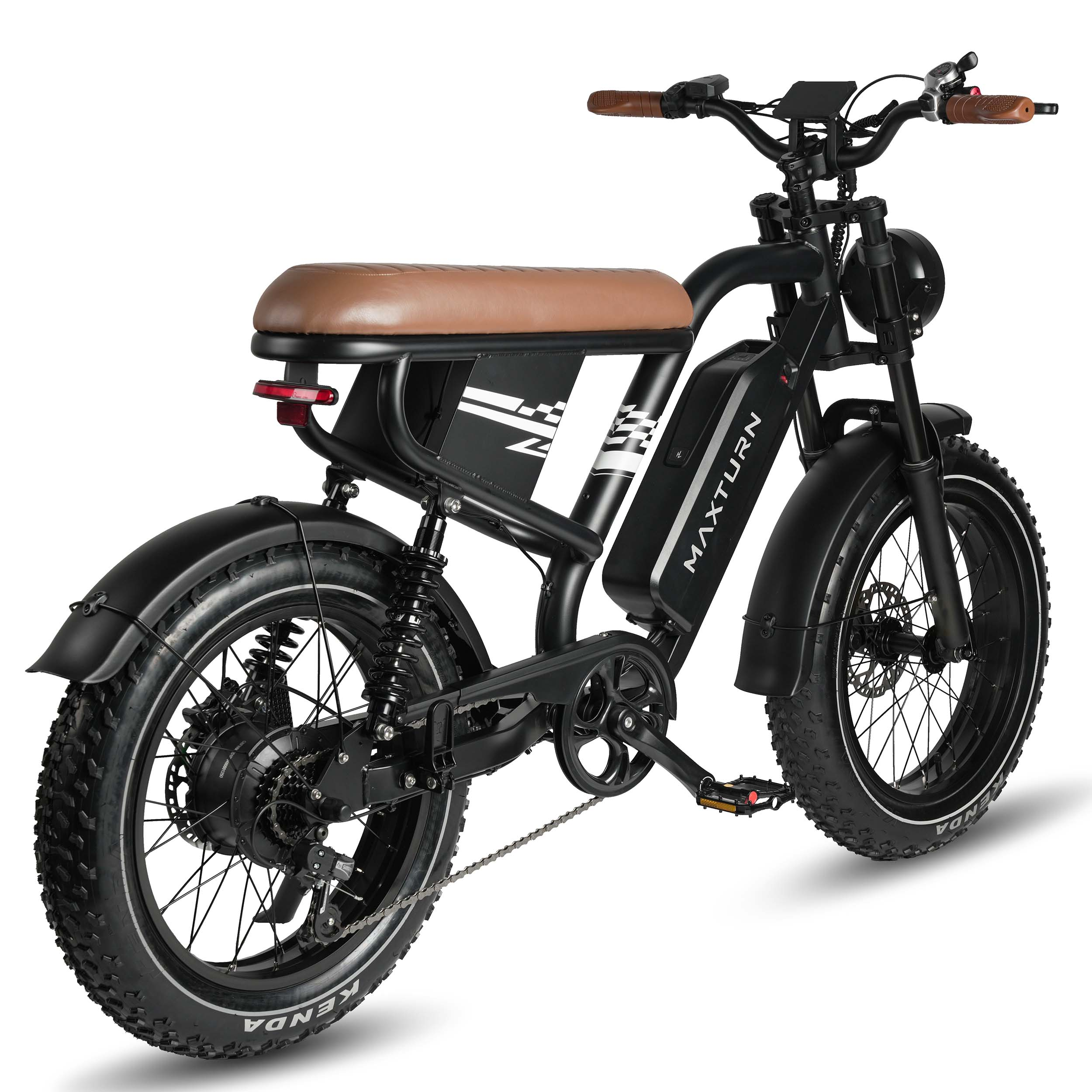 Bicicletta elettrica nera con sella e manopole marroni, pneumatici larghi e sospensioni.