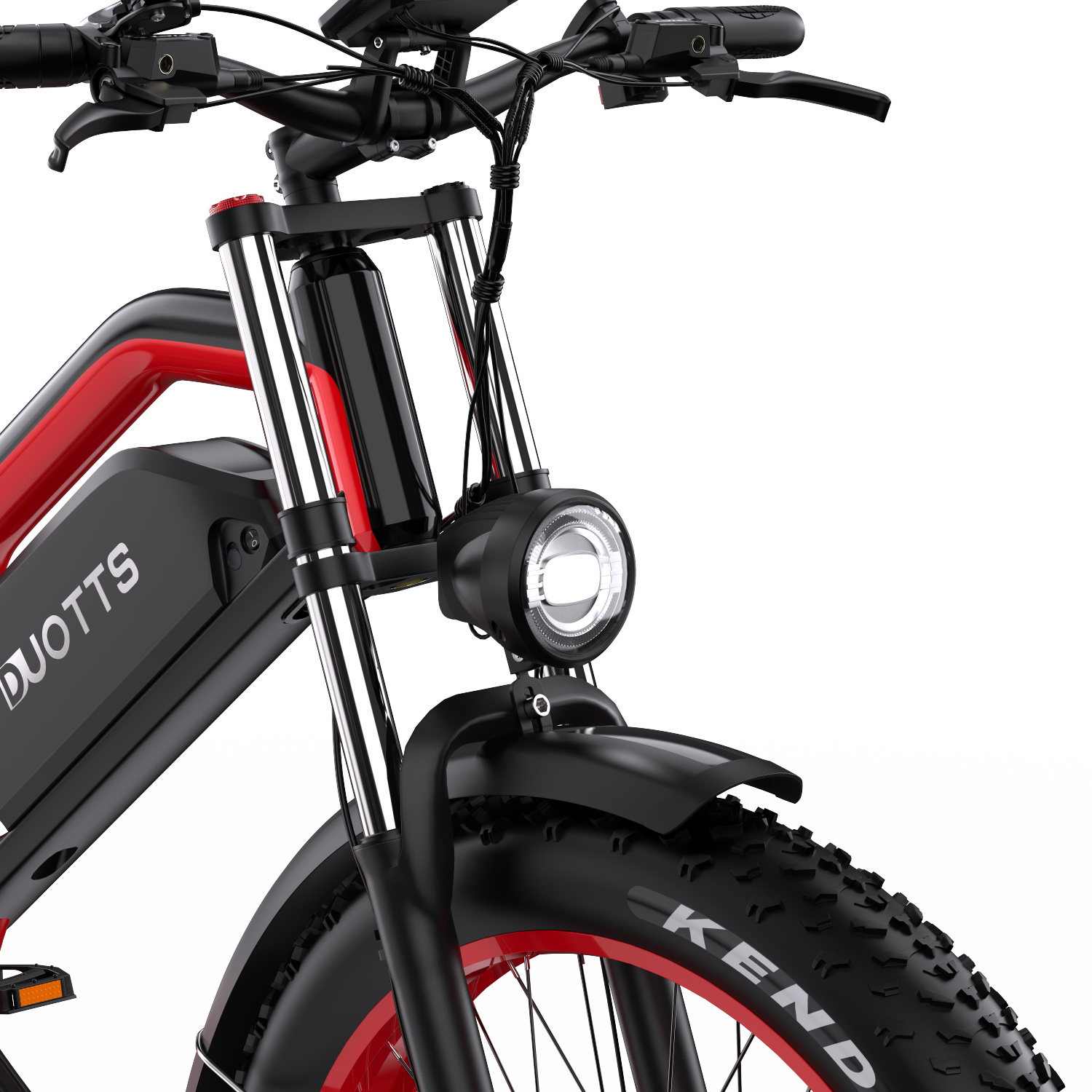 Zbliżenie czerwono-czarnego roweru elektrycznego fat bike, kierownica, widelec, światło i opona.