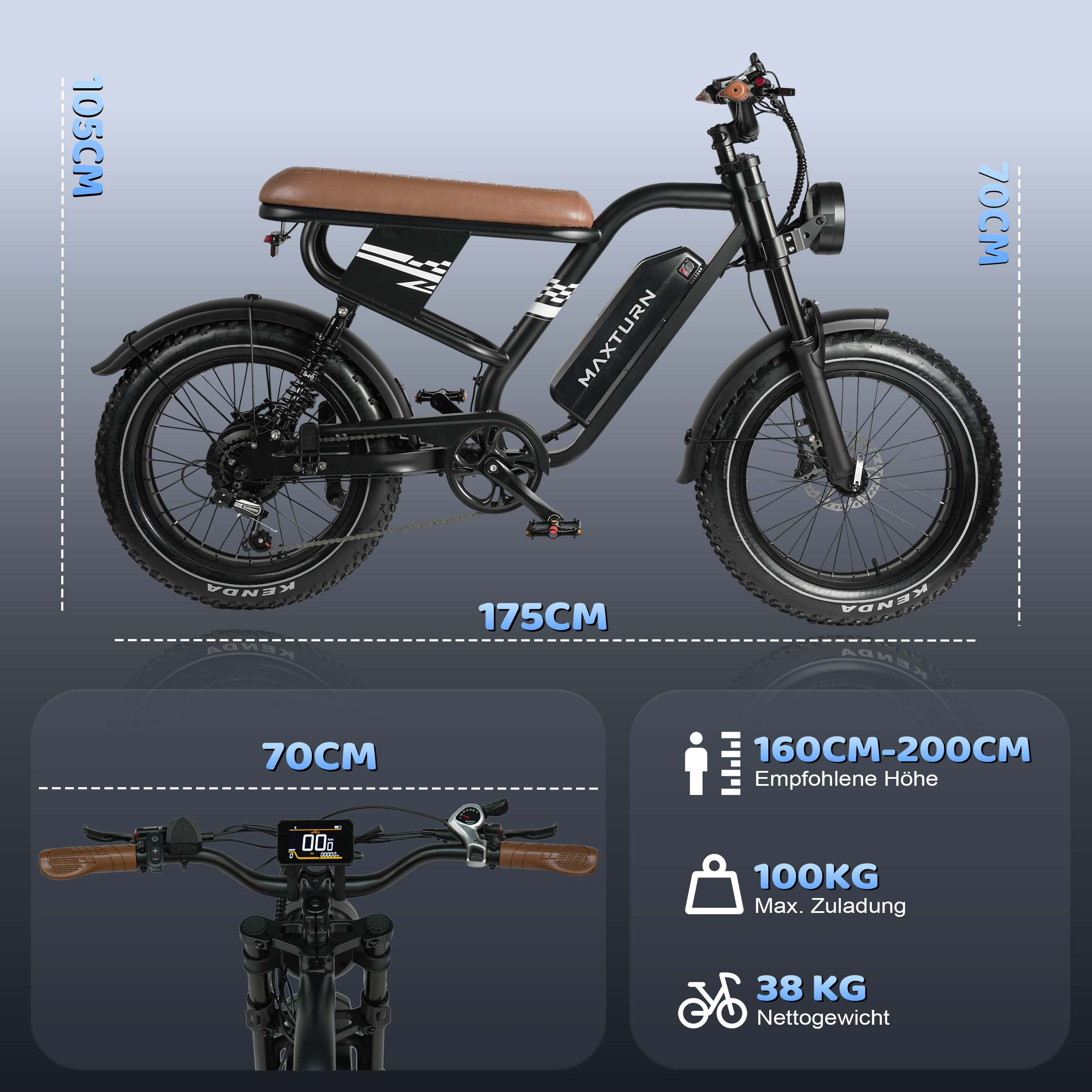 Bicicletta elettrica nera con sella marrone, dimensioni e specifiche.