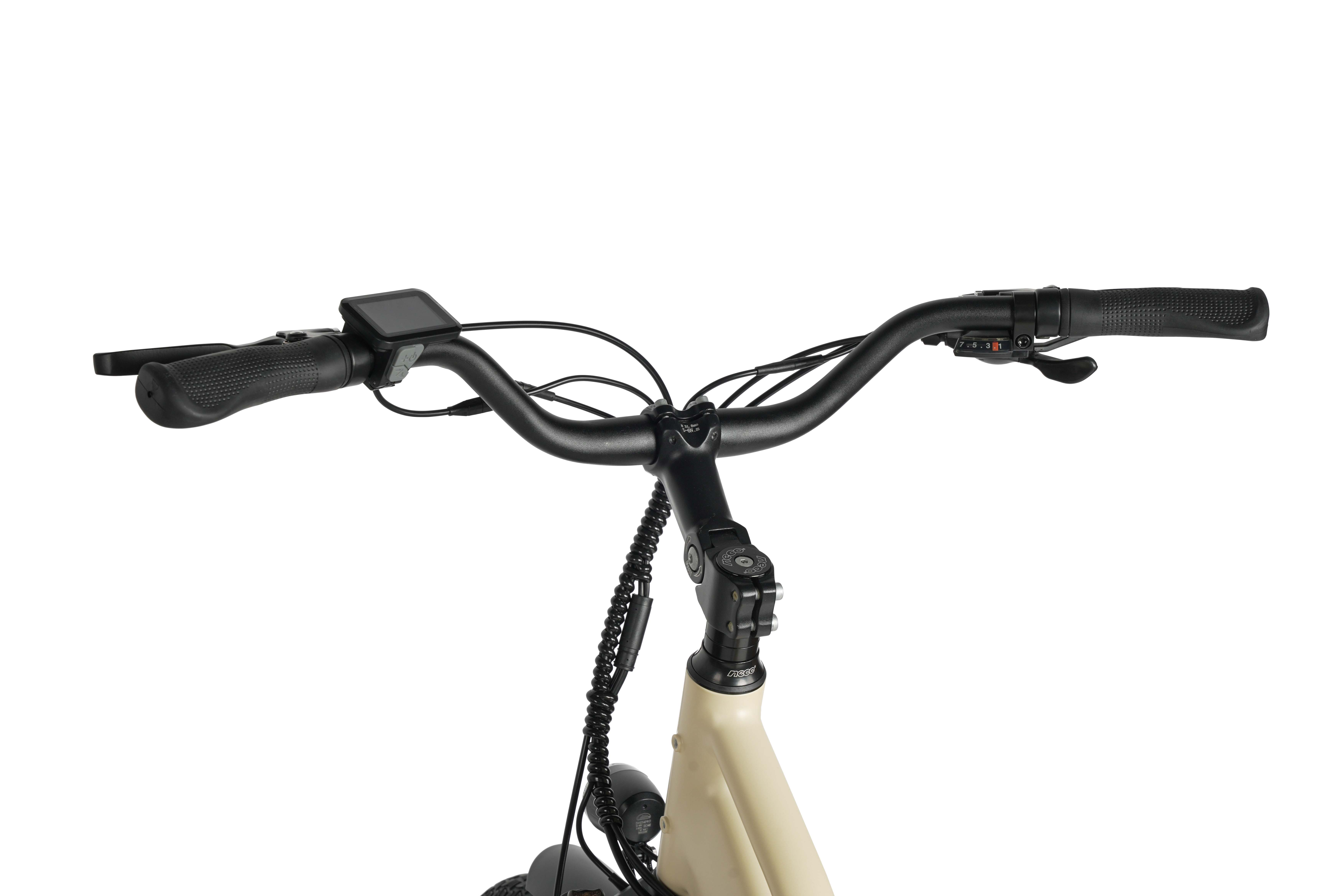 Il manubrio di una bicicletta beige con display, manopole e cambio.