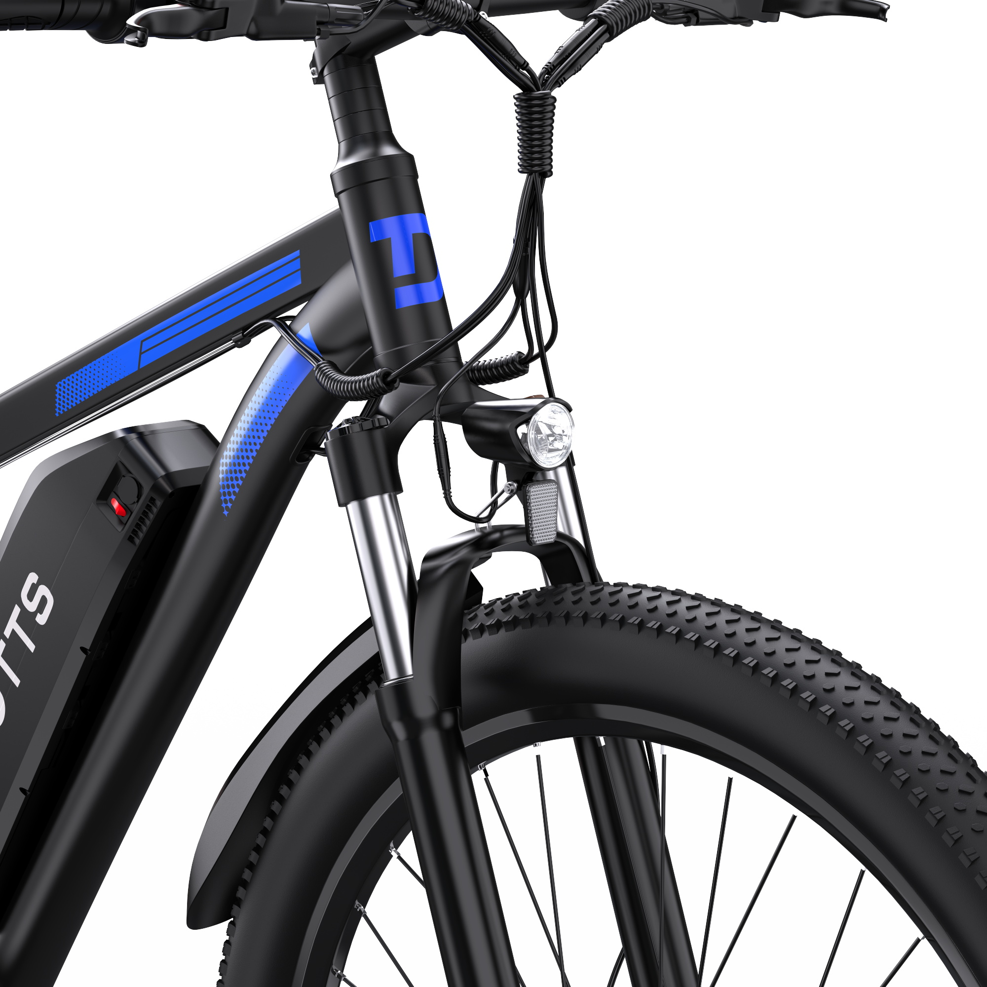 Schwarzes E-Bike vorne mit blauen Akzenten, Licht und grobstolligem Reifen.