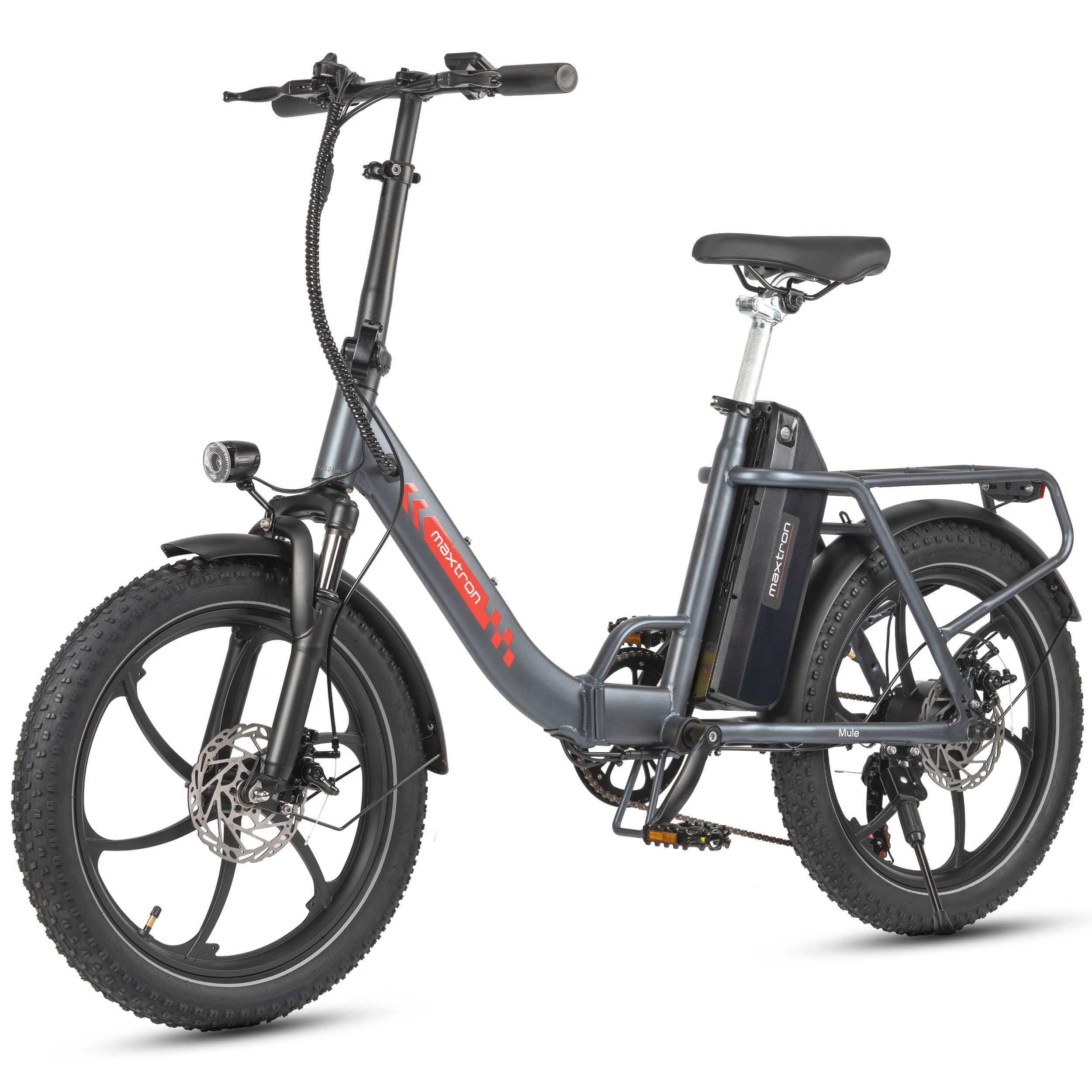 Bici elettrica grigia con pneumatici larghi, portapacchi posteriore e faro anteriore.