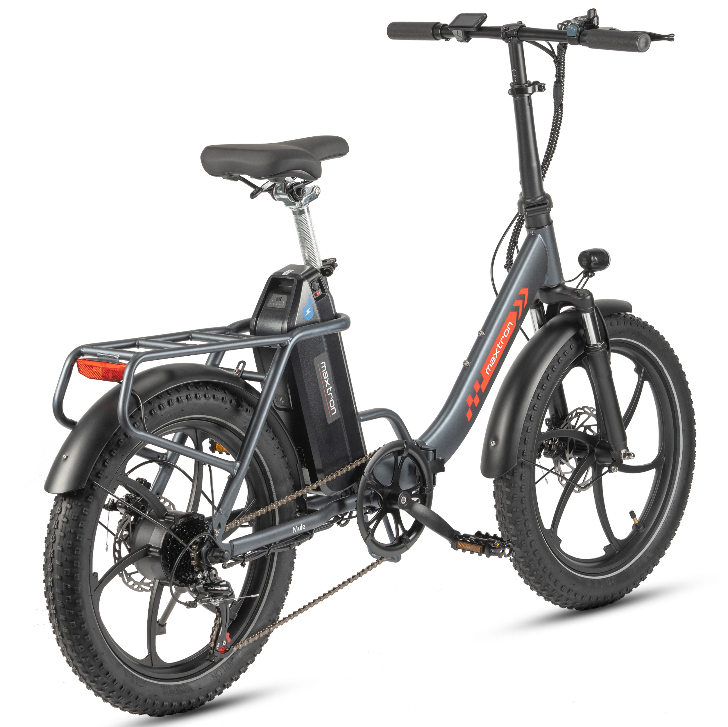 Bicicletta elettrica grigia con pneumatici larghi, portapacchi e batteria.