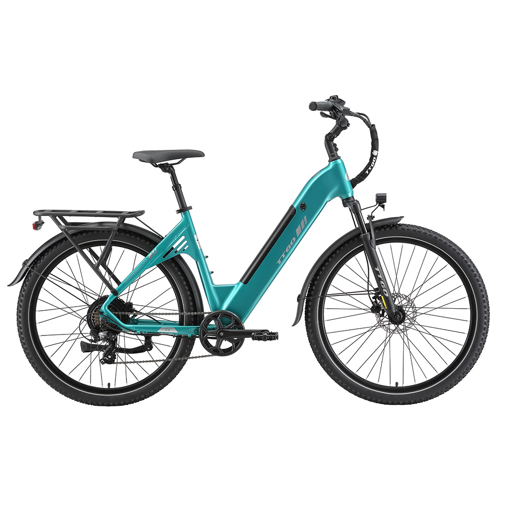 Una bicicletta elettrica turchese con portapacchi e parafanghi, su sfondo bianco.