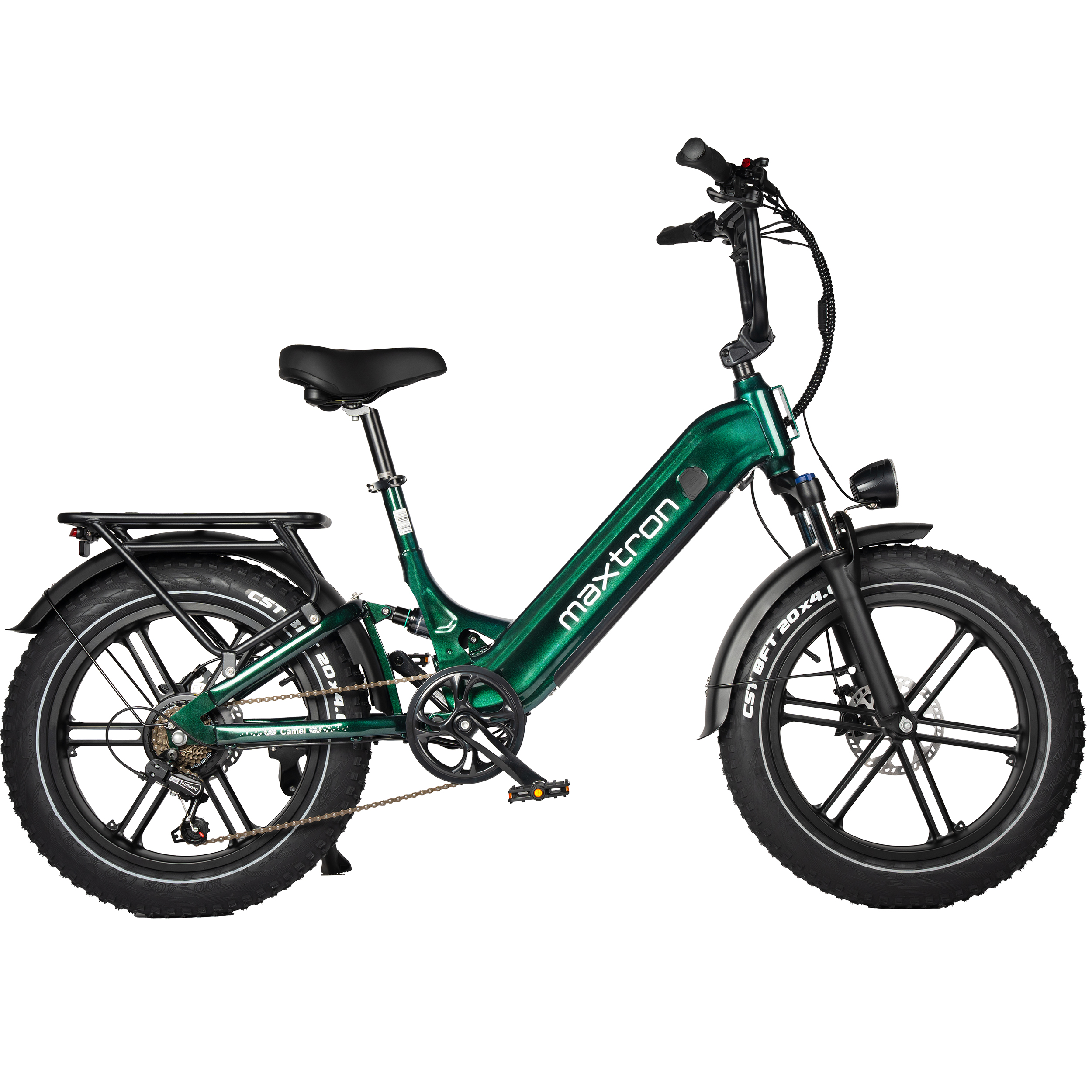 Una bici elettrica verde con copertoni larghi e portapacchi posteriore, su sfondo bianco.