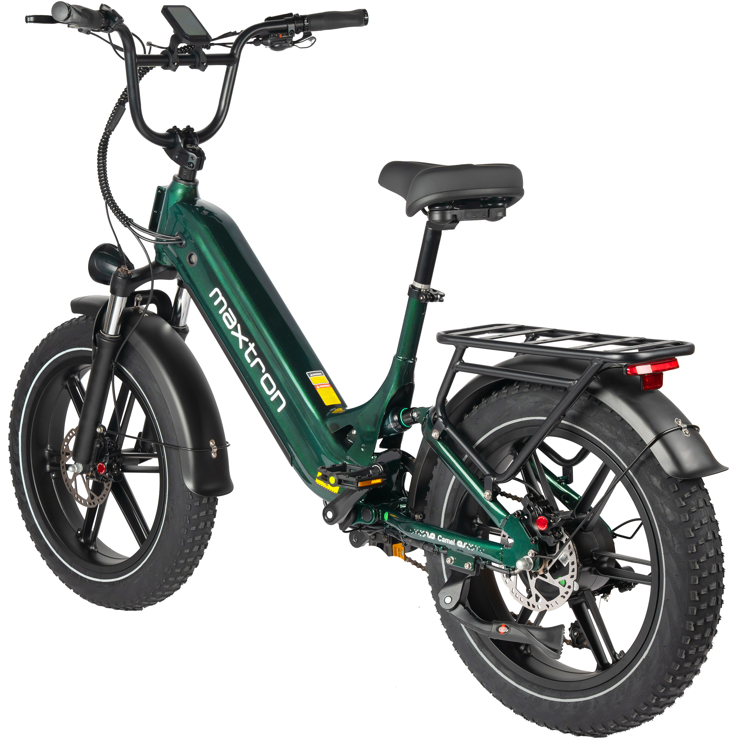 Bici elettrica verde con pneumatici larghi, portapacchi e display sul manubrio.