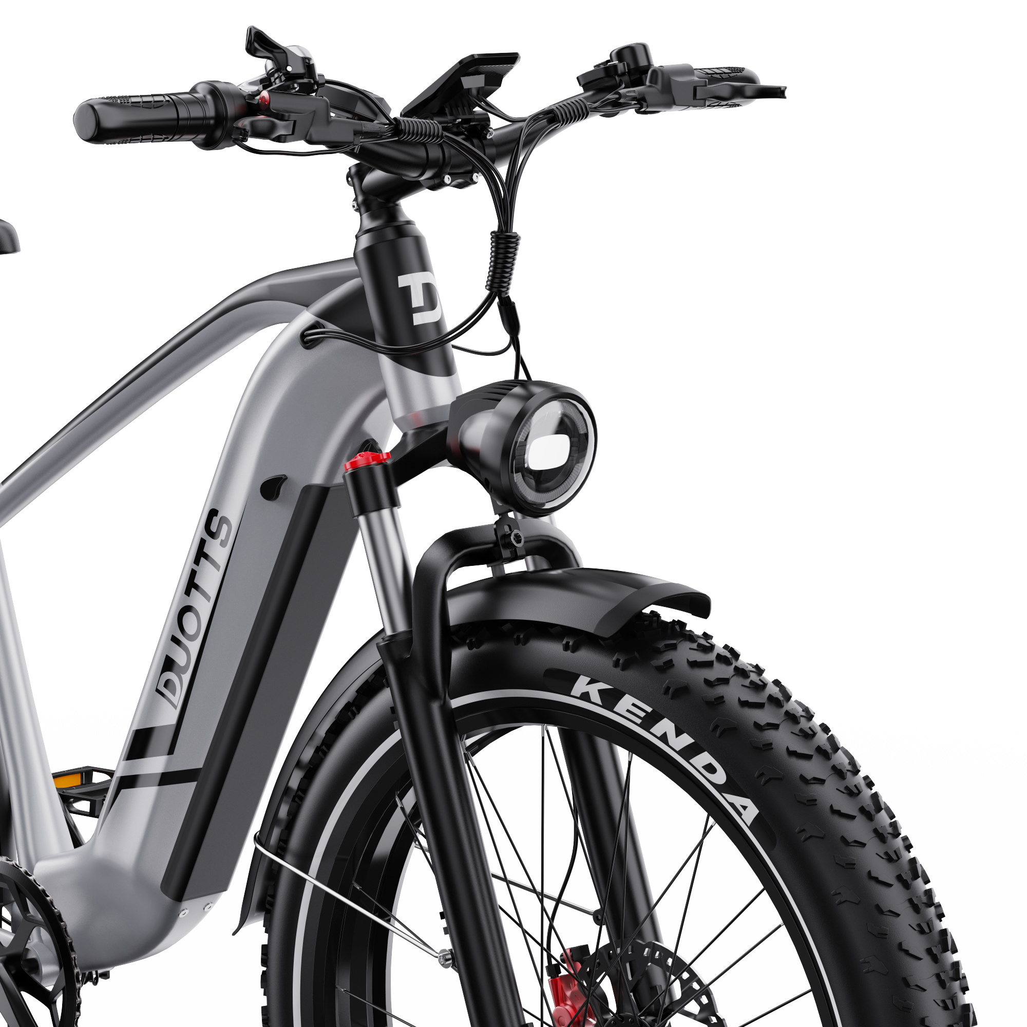 Vista frontale di una bici elettrica argentata con manubrio nero, faro rotondo e pneumatici larghi.