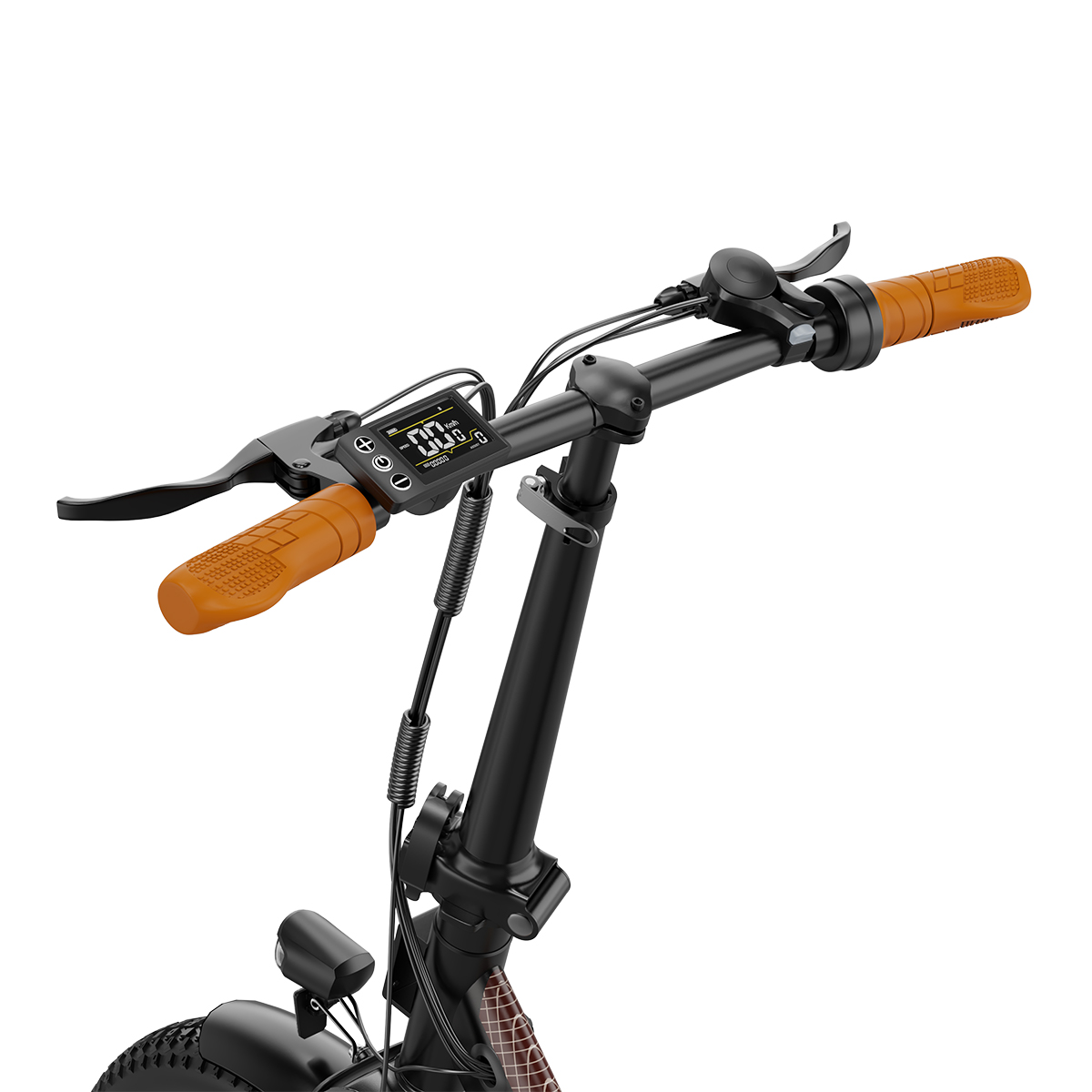 Manubrio di una e-bike con display, manopole marroni e leva del freno.