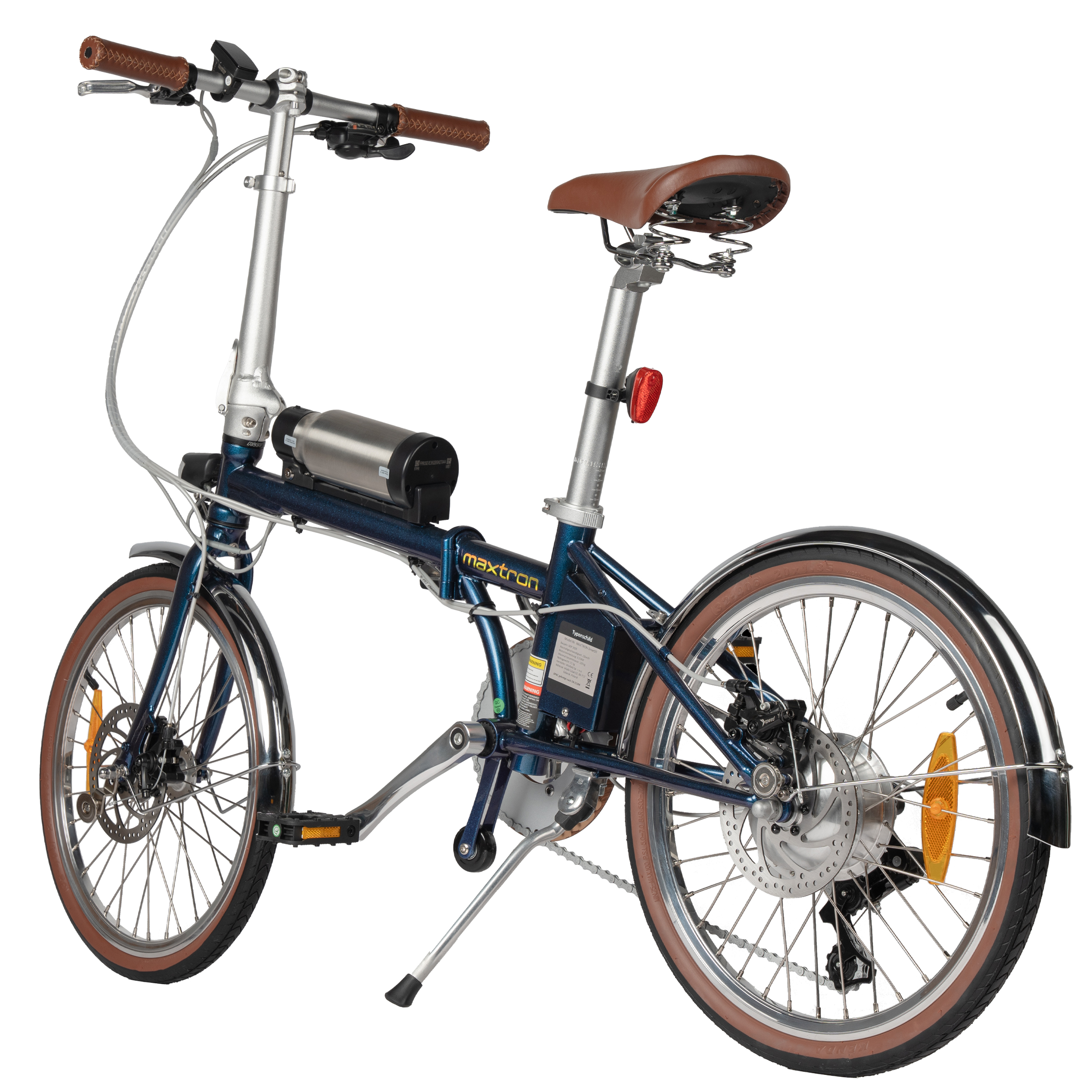 Una bicicleta plegable azul oscuro con sillín y puños marrones.
