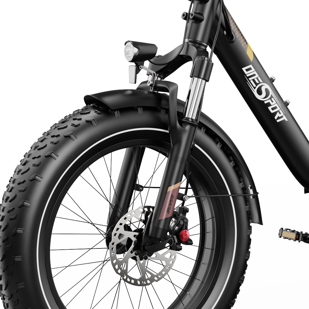 Primo piano della ruota anteriore di una fat bike nera, freno a disco e faro.