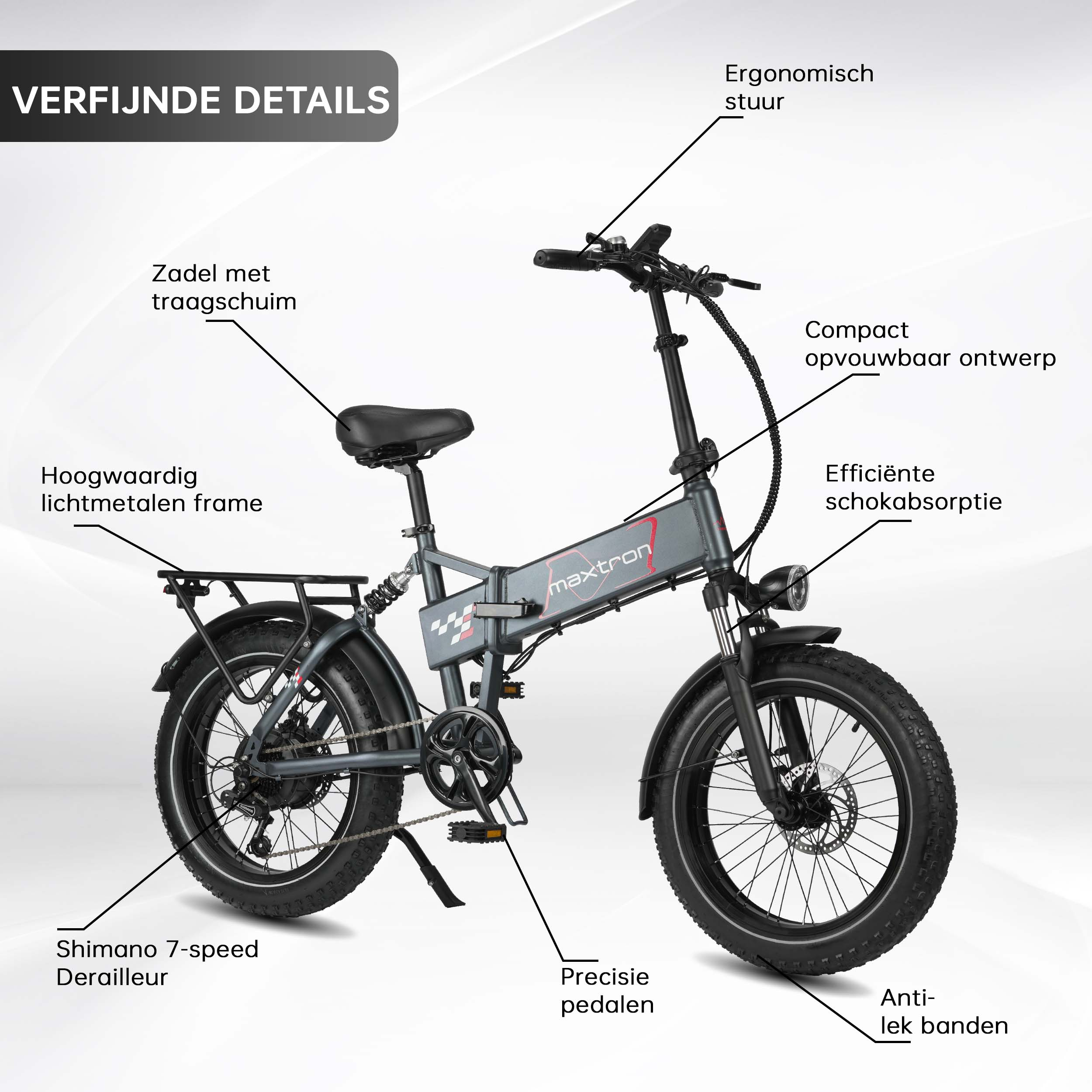 Una bicicletta pieghevole grigia con pneumatici larghi, dettagliata con etichette.