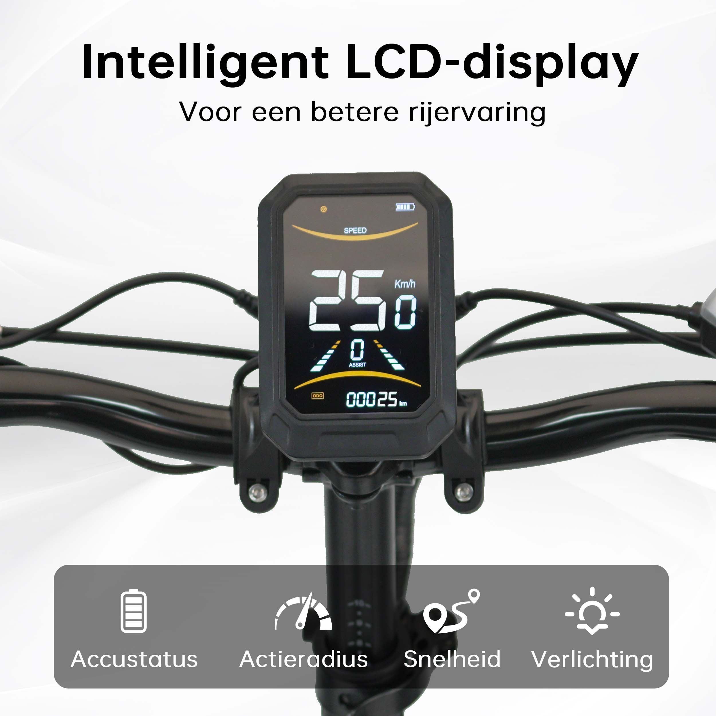 Display LCD intelligente mostra 250 km/h velocità, batteria, distanza.
