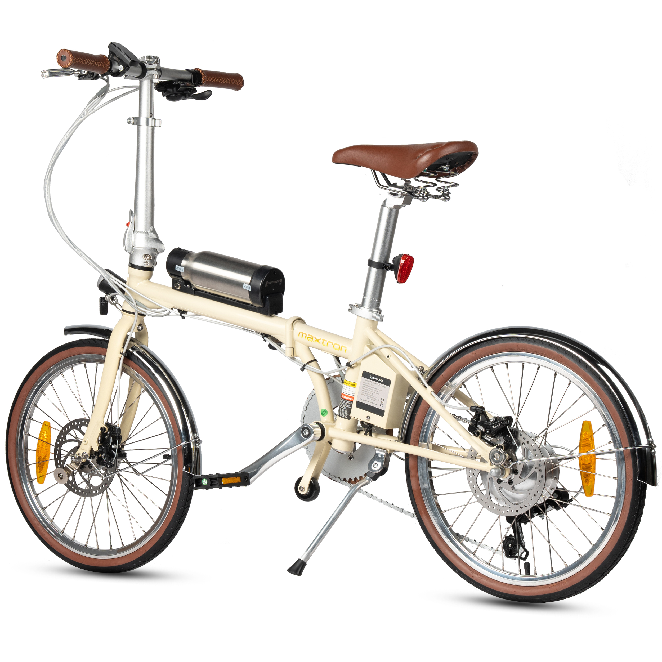 Una e-bike pieghevole color crema con manopole e sella marroni e una batteria argentata.