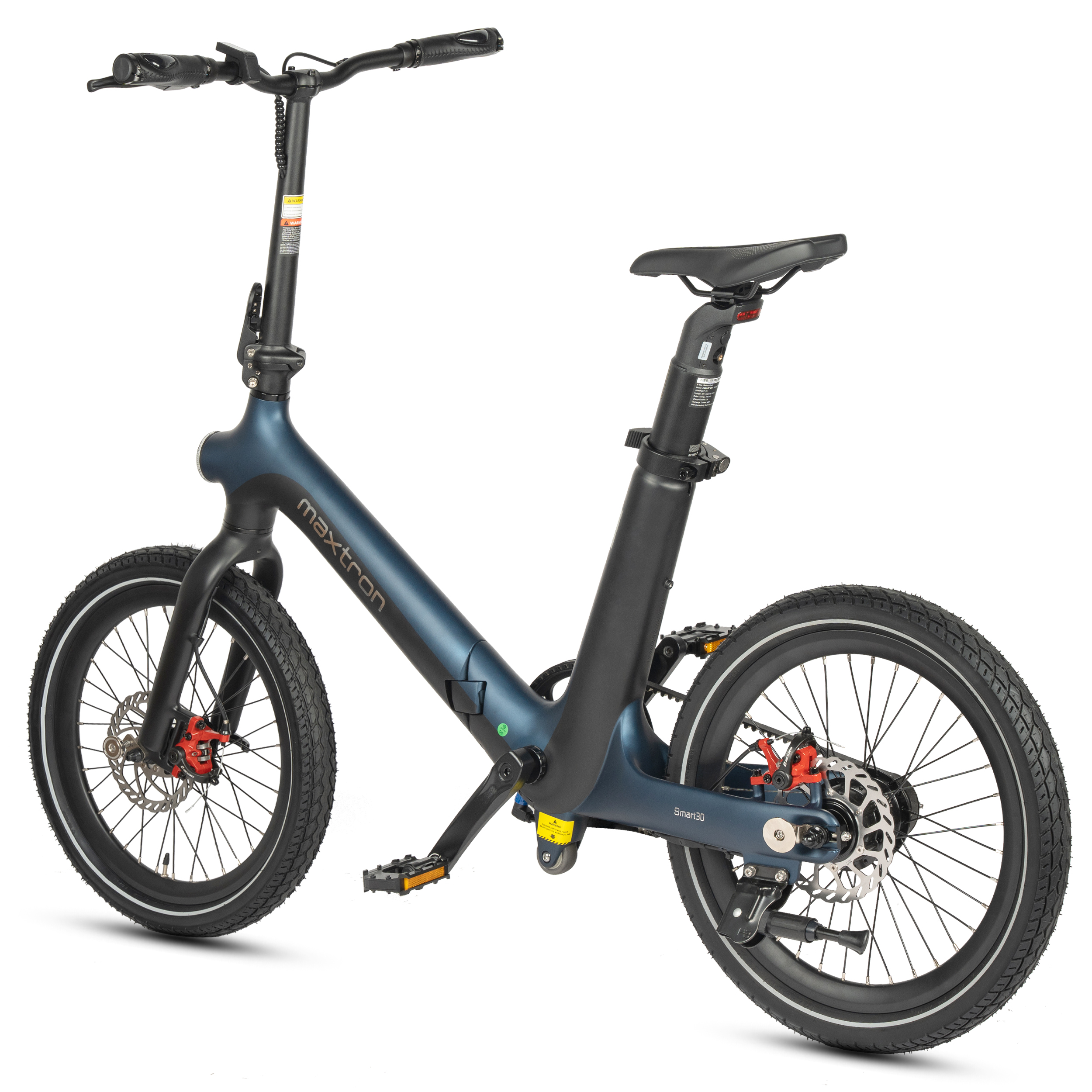Una e-bike azul oscuro con neumáticos, pedales y asiento negros. Está sobre fondo blanco.