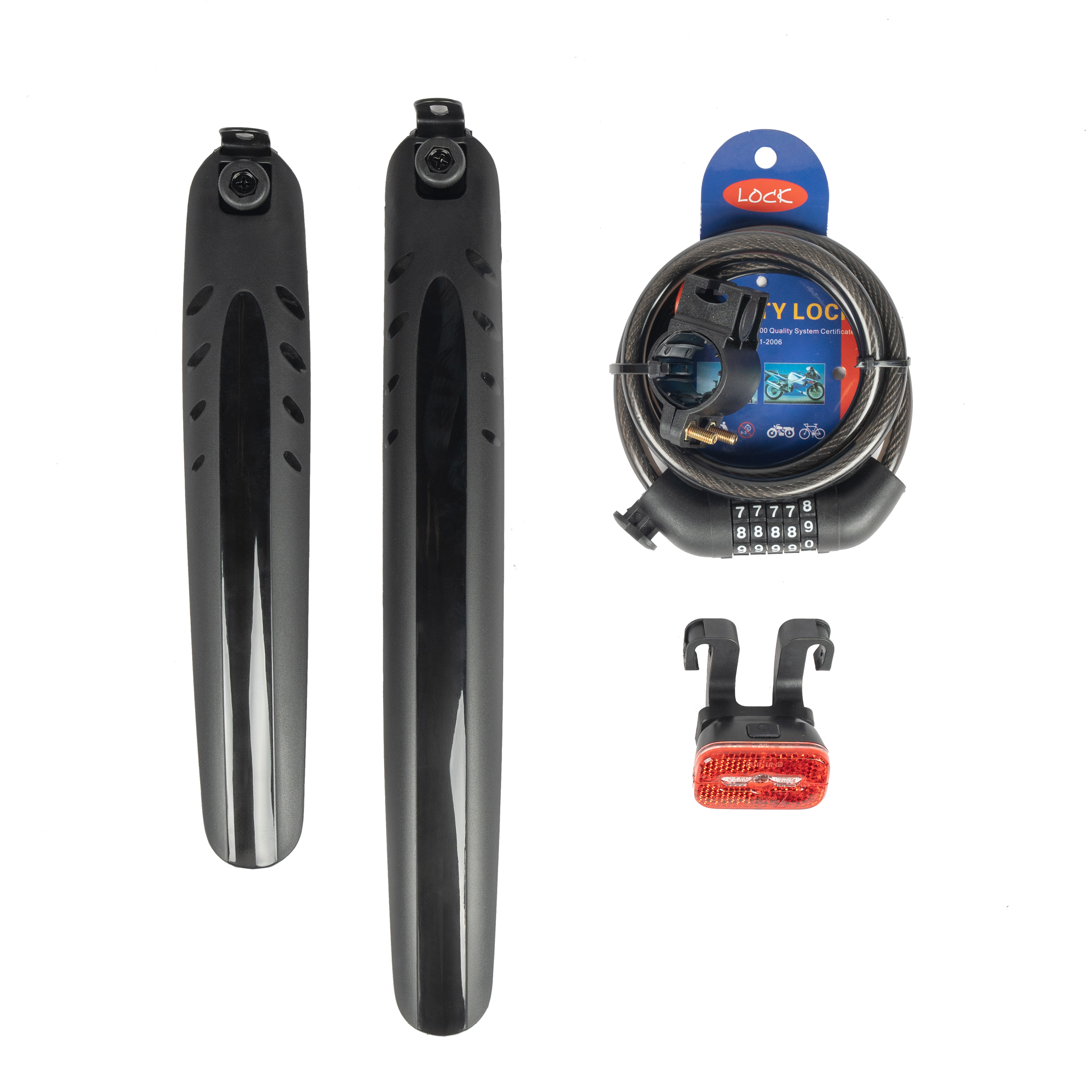 Guardabarros negros para bicicleta, candado de cable con combinación y luz trasera roja.