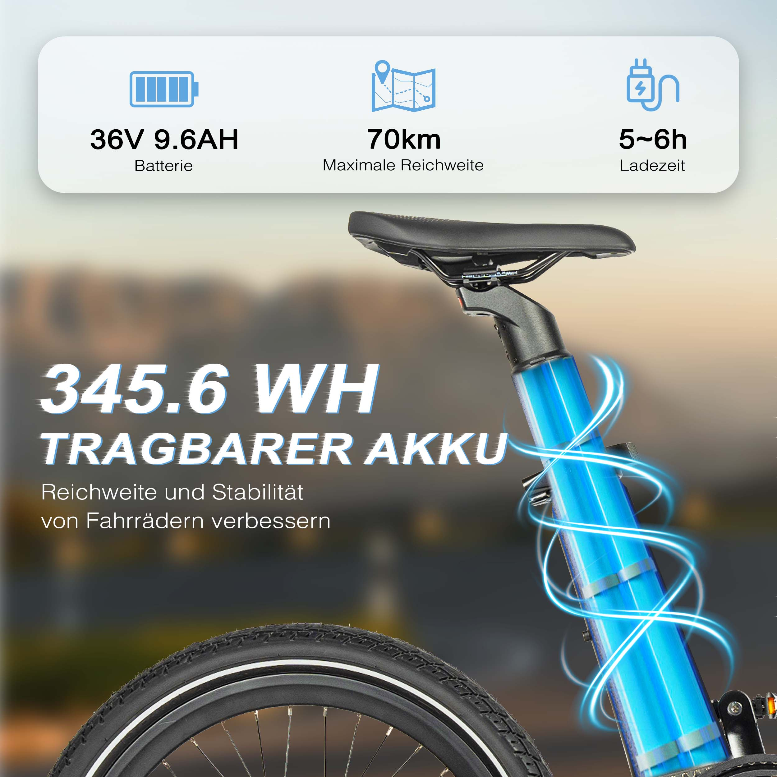 Batería de e-bike: 36V 9.6AH, 70km de autonomía, 5-6h de carga. Portátil 345.6 WH.