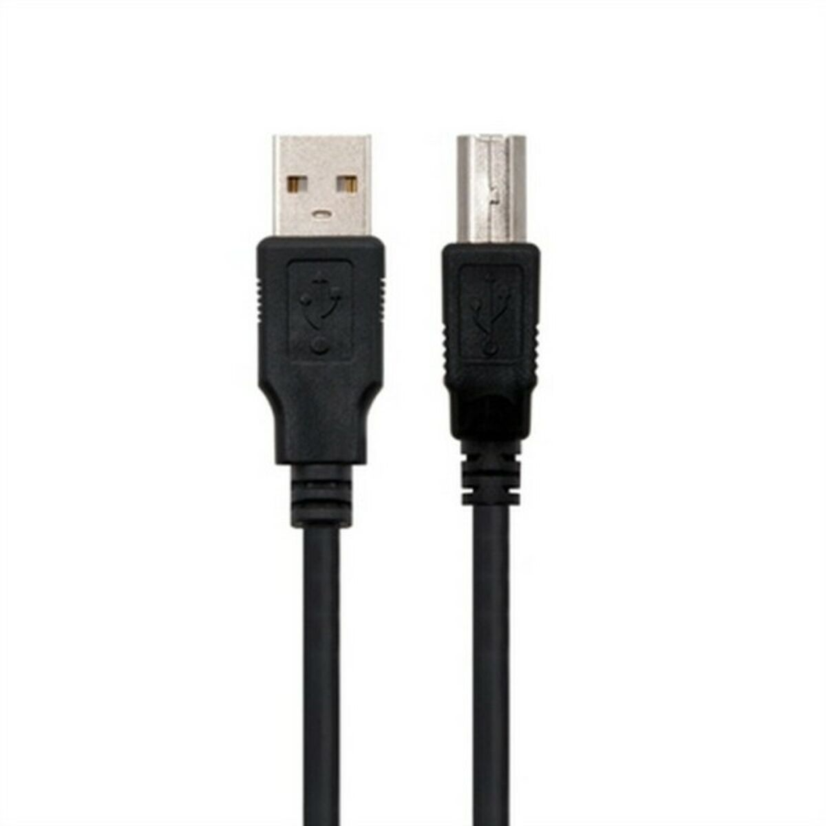 Un cavo USB nero con due connettori, una porta USB-A standard e una spina USB-B.
