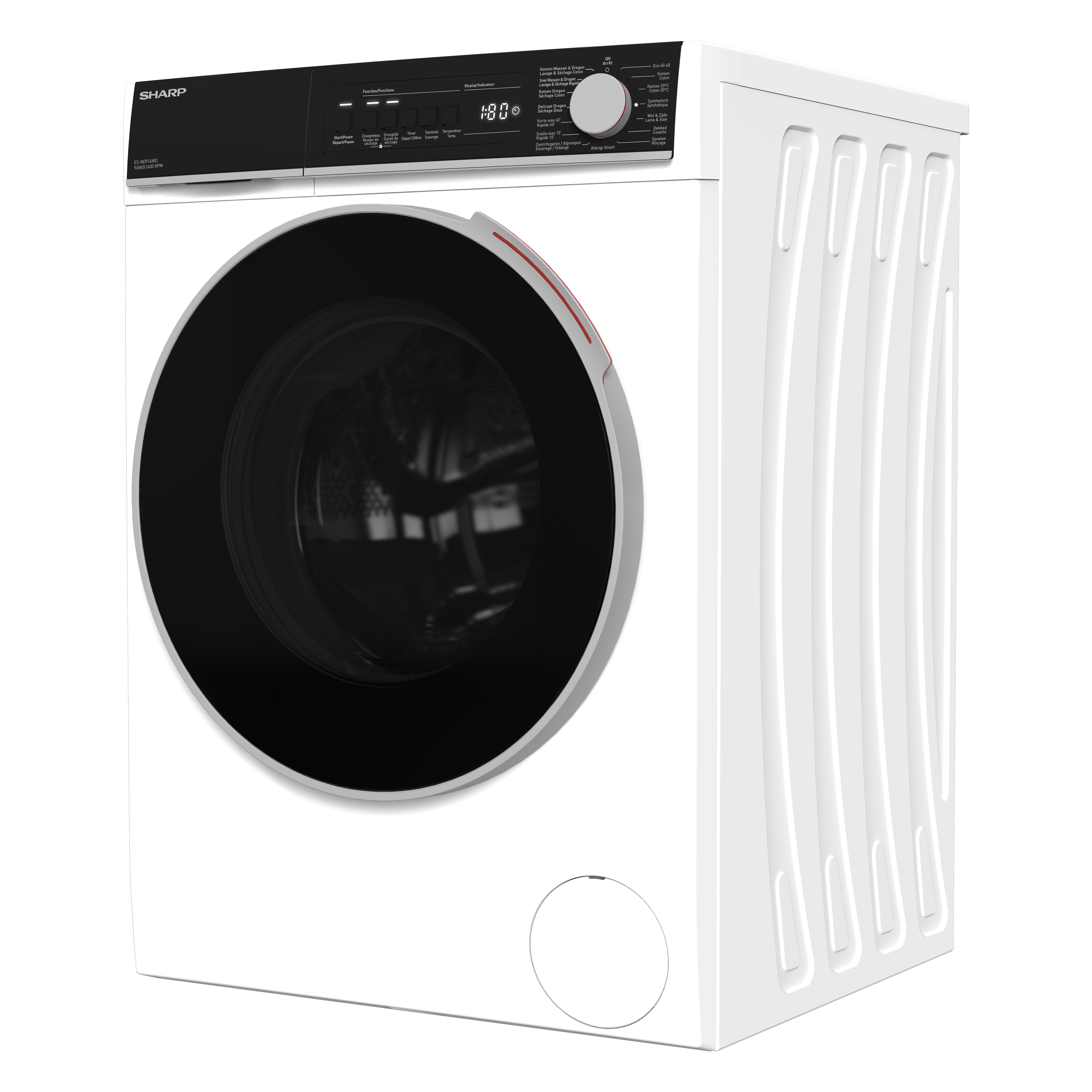 A white Sharp washing machine with a black door and control panel.