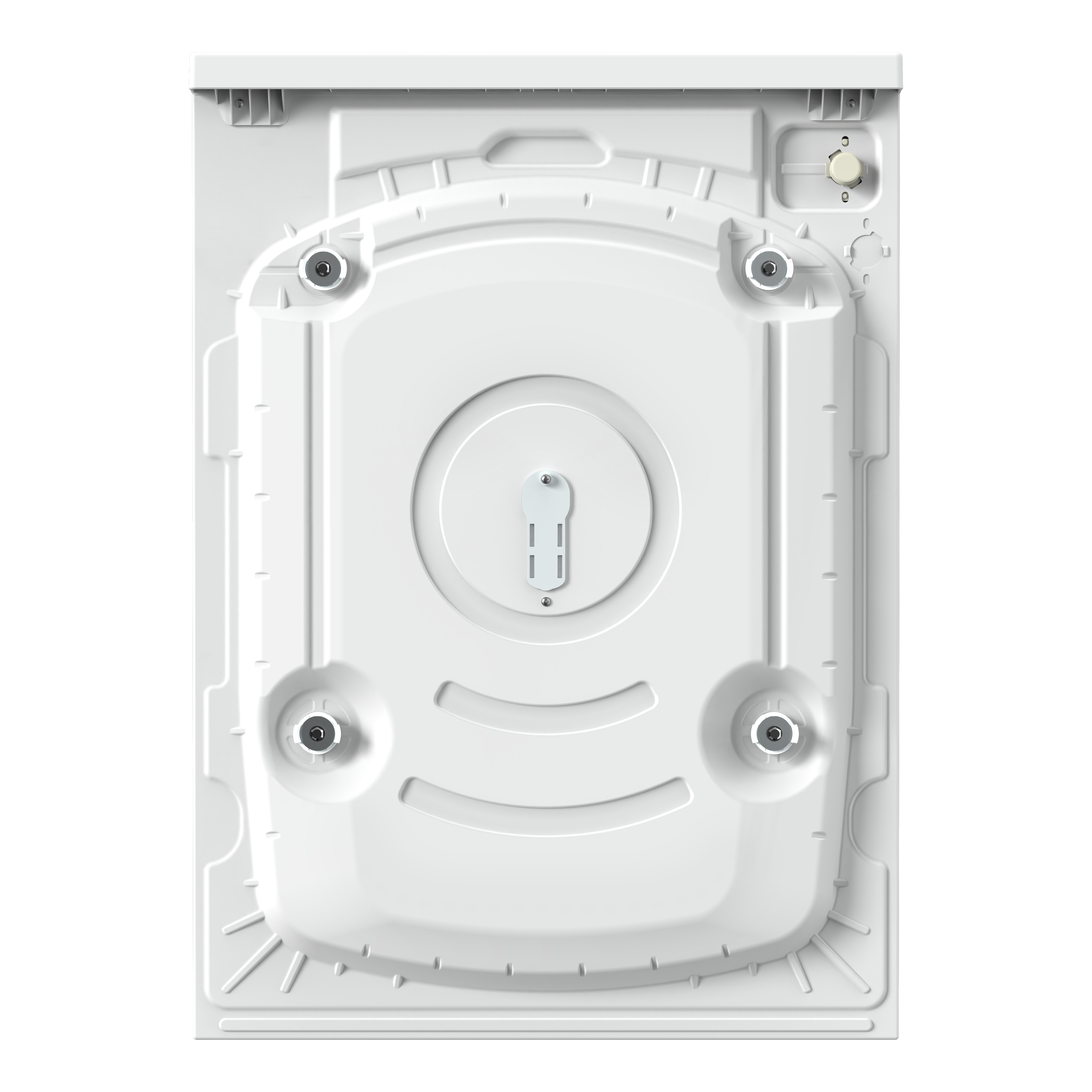 Back of a white washing machine showing screws and fittings.