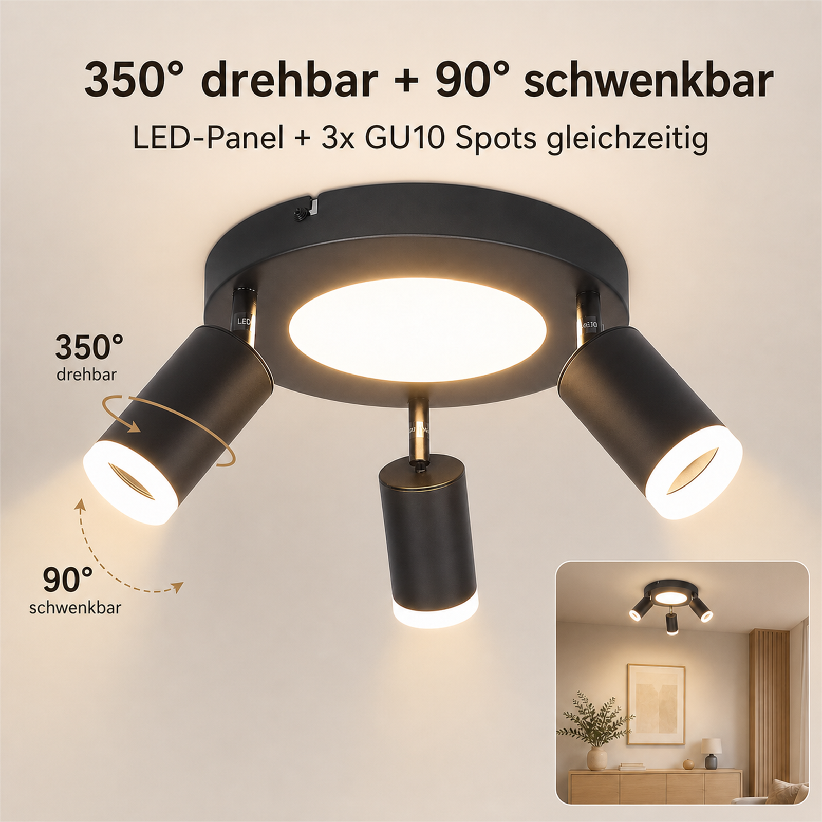 Faretti da soffitto neri con pannello LED e tre faretti GU10 orientabili.
