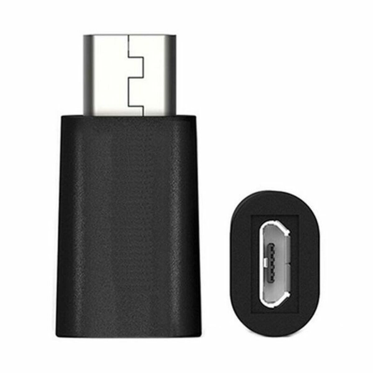Un adattatore USB-C nero a sinistra e una porta micro-USB a destra.