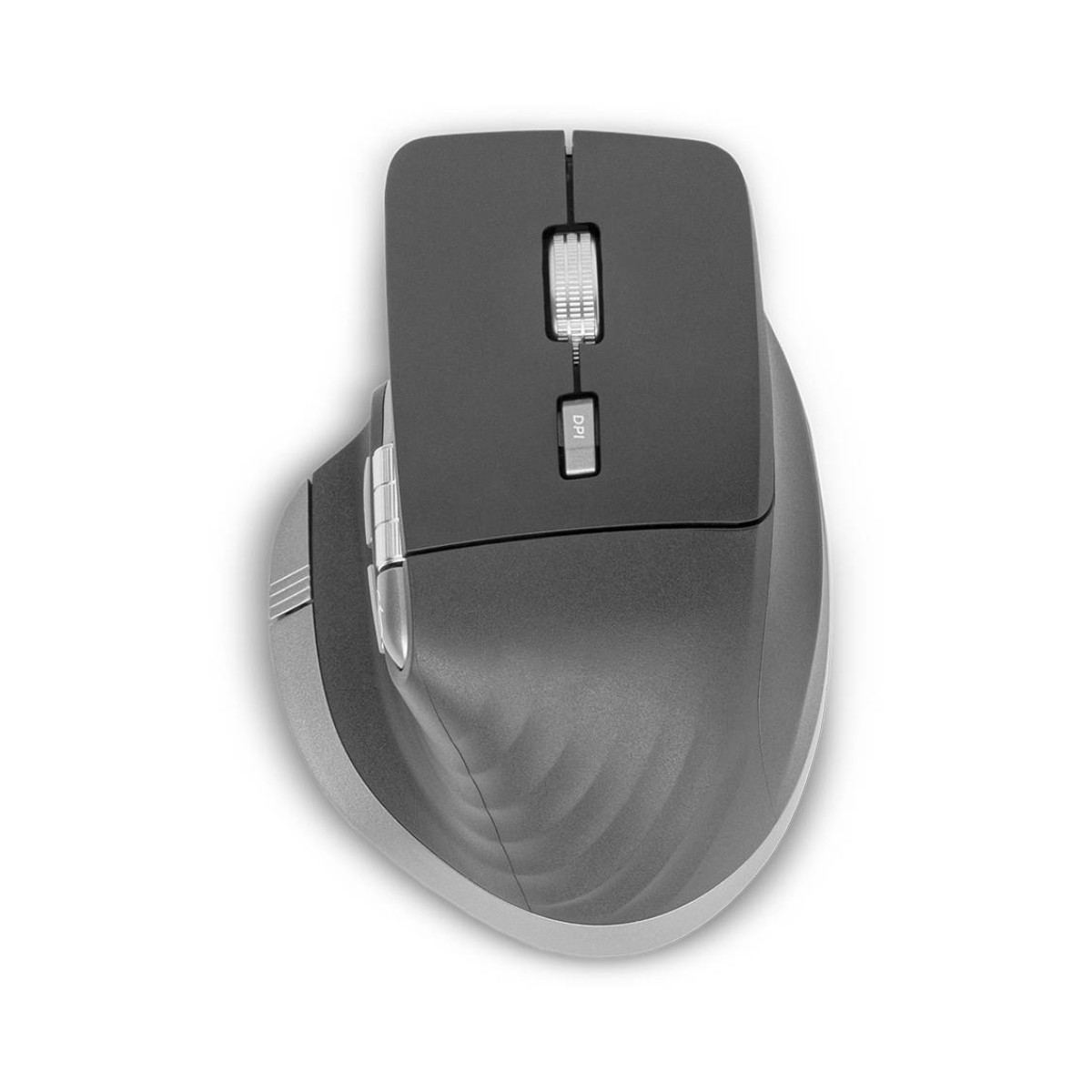 Un mouse da computer grigio con rotellina di scorrimento e pulsante DPI su sfondo bianco.