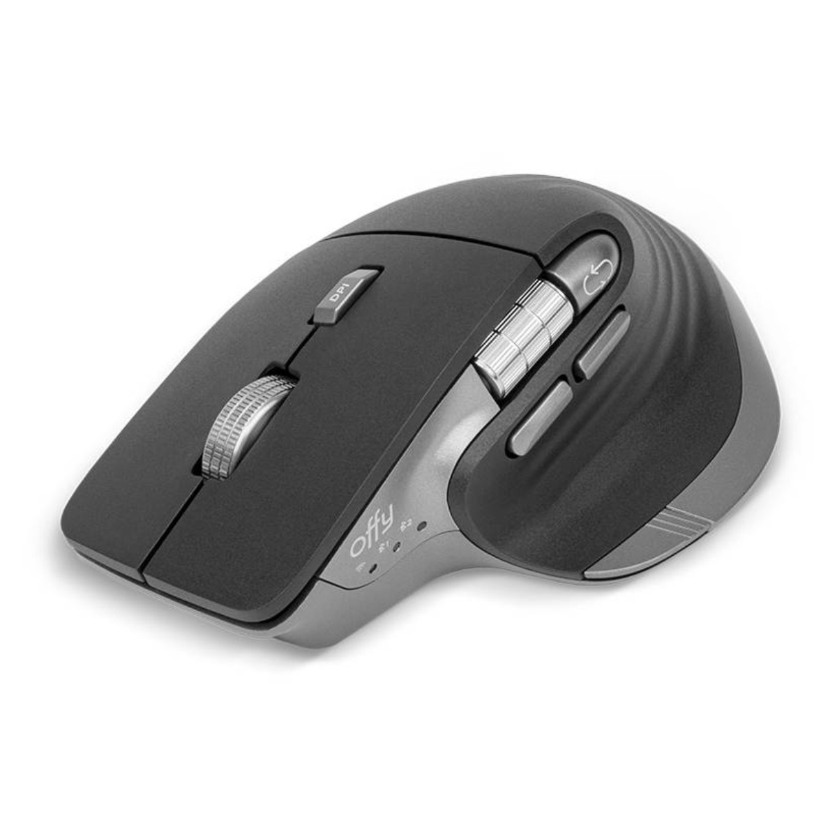 Un mouse per computer grigio e nero con rotella di scorrimento e pulsanti su sfondo bianco.