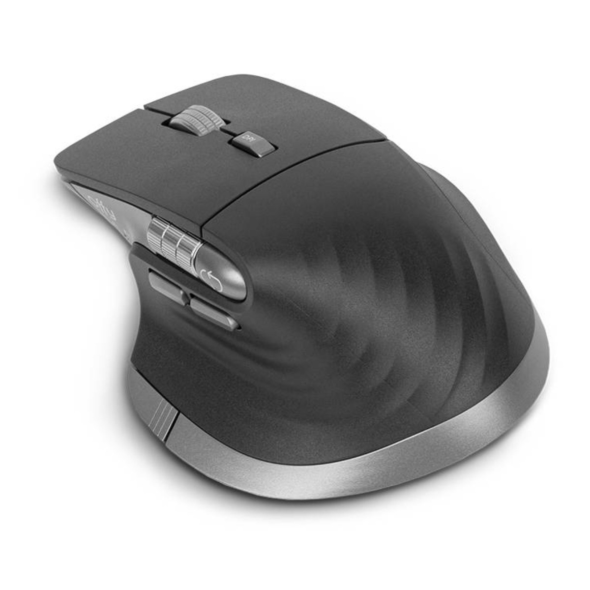 Mouse per computer nero con rotellina e pulsanti su sfondo bianco.