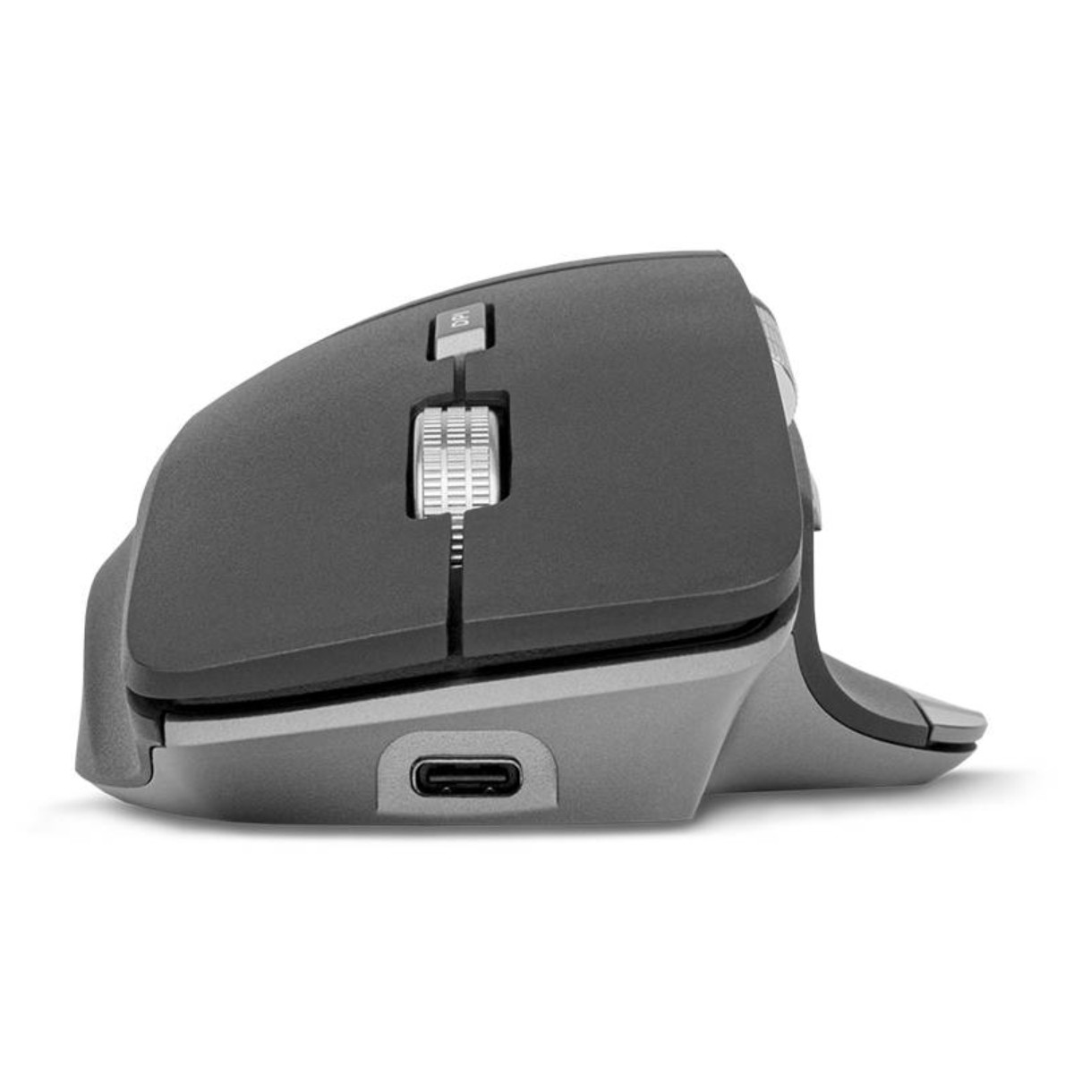 Un mouse grigio per computer con porta USB-C e rotellina.