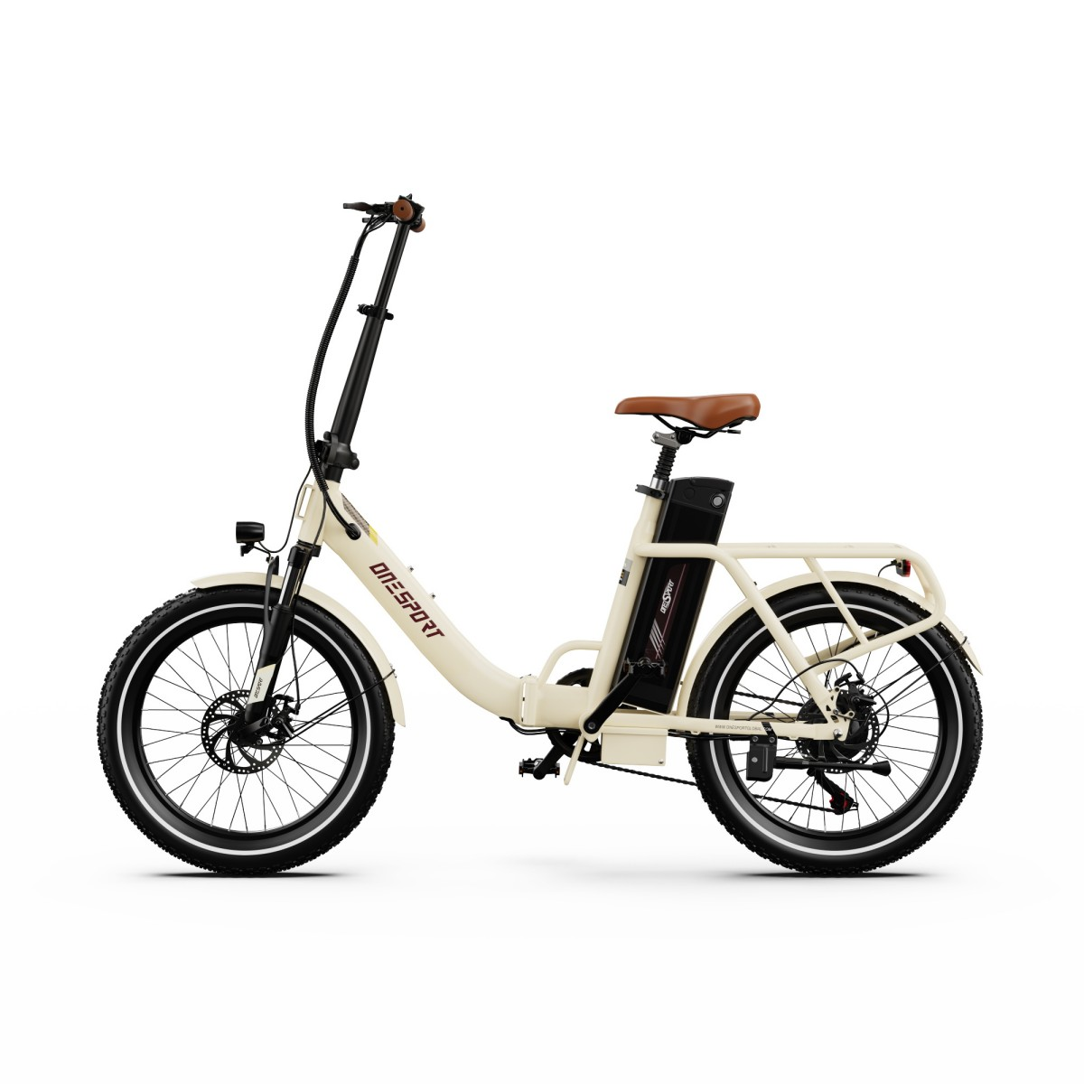 Una bicicletta elettrica color crema con sella marrone e pneumatici neri, su sfondo bianco.
