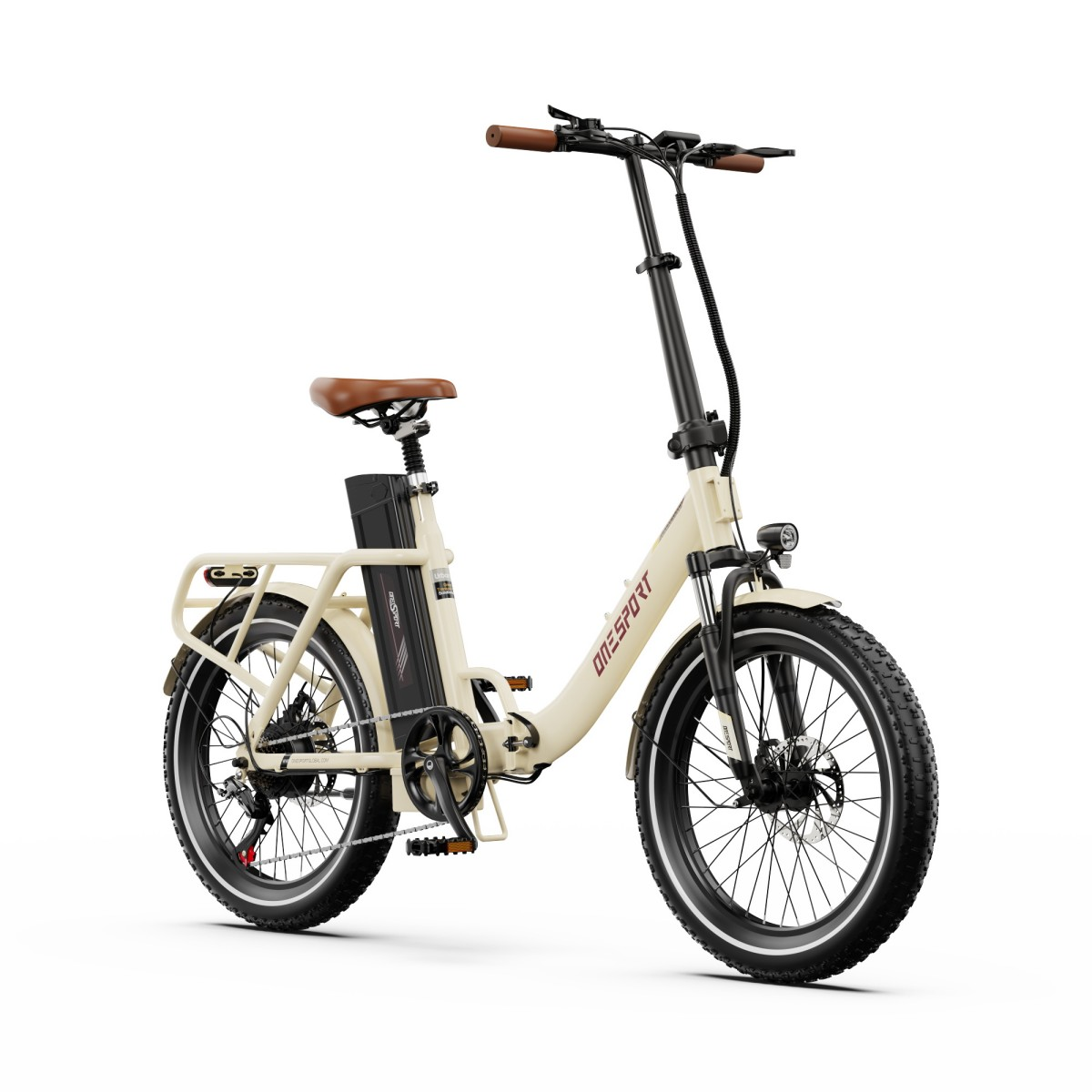 Una bici elettrica pieghevole color crema con sella e manubrio marroni.