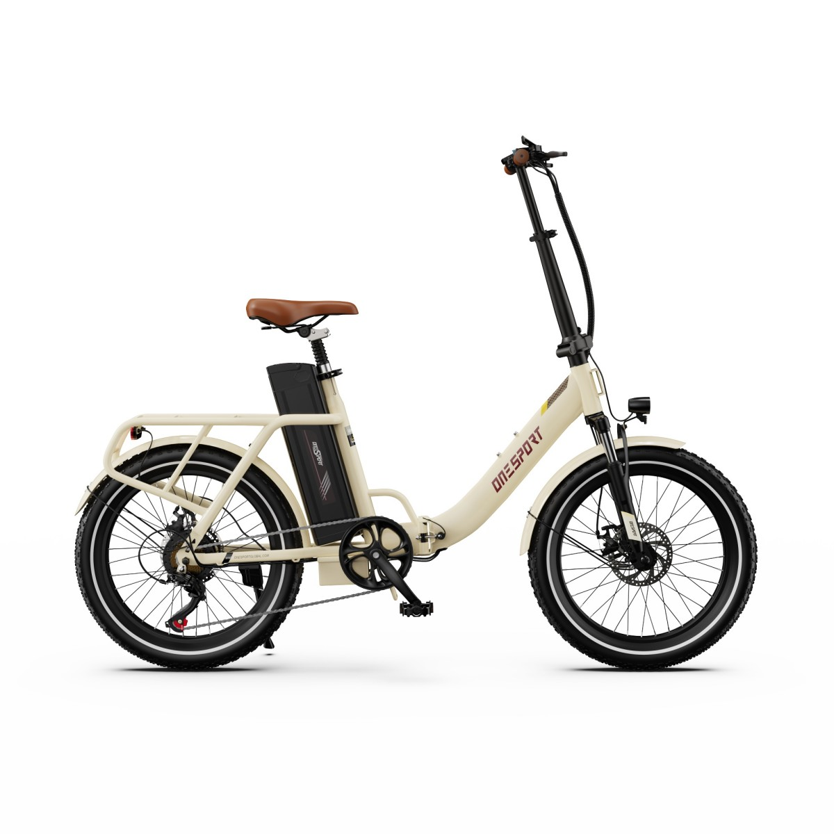 Una bicicletta elettrica pieghevole color crema con sella marrone e batteria nera.