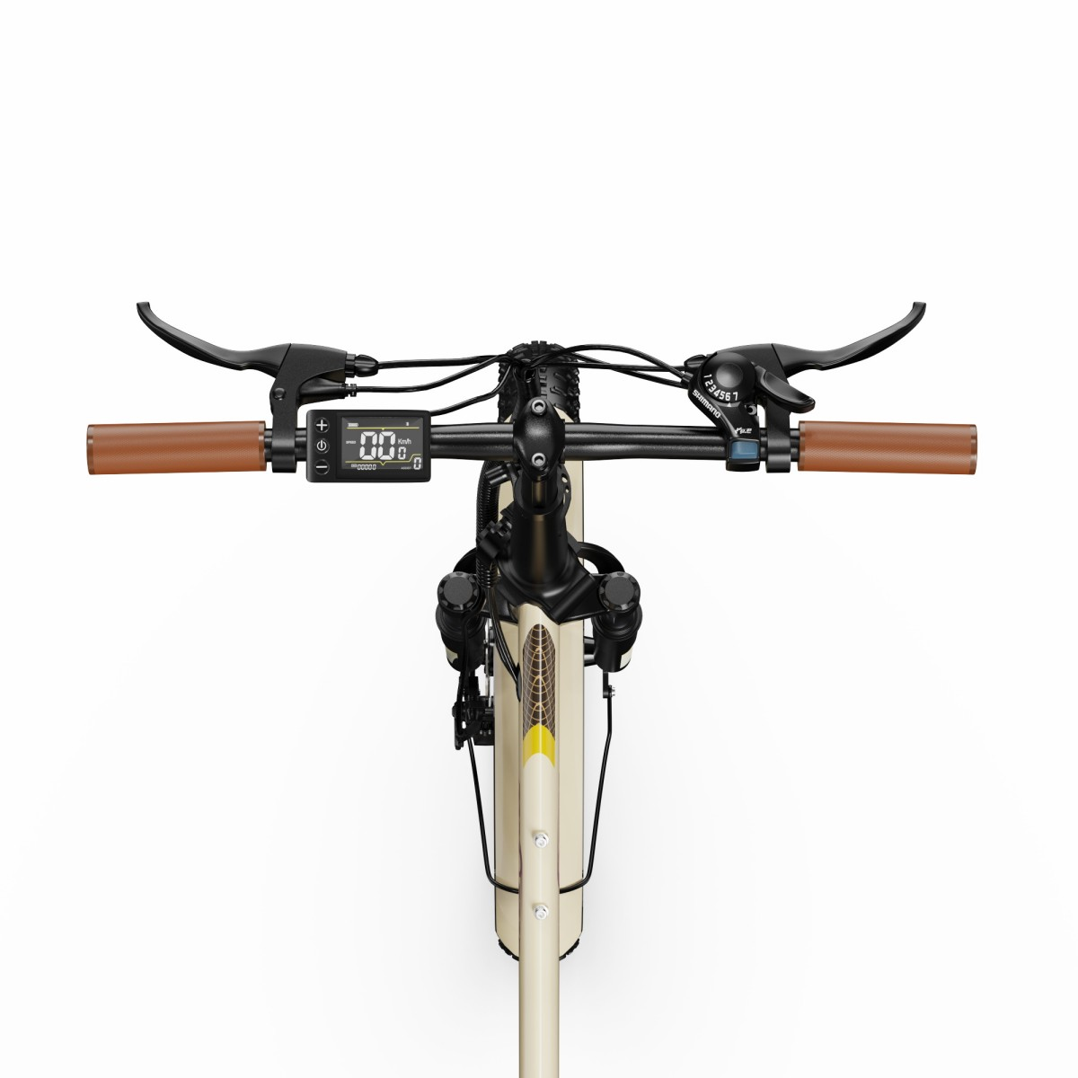 Primo piano del manubrio di una bicicletta color crema con manopole marroni e display.