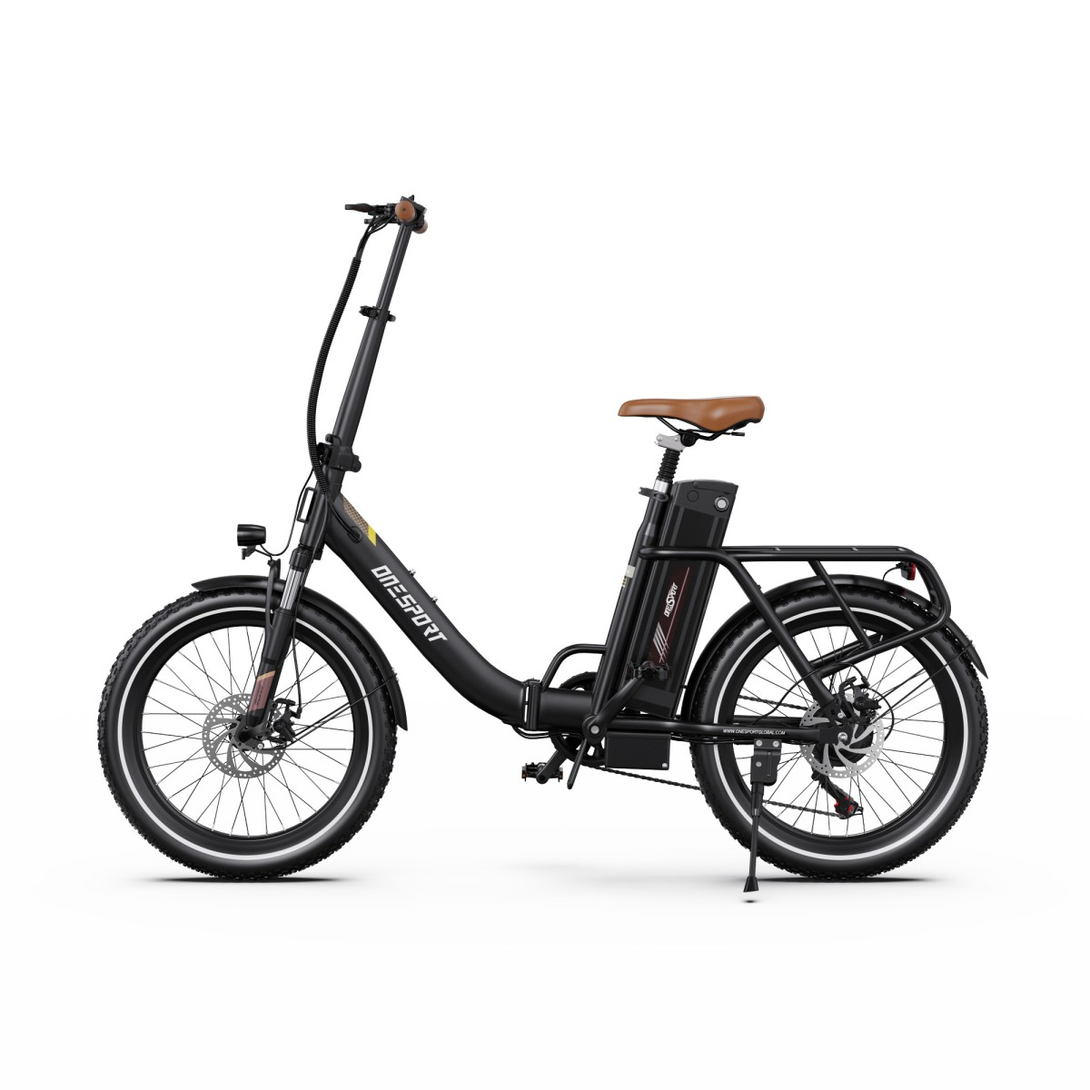 Bici elettrica nera con sella marrone, portapacchi e striscia bianca.